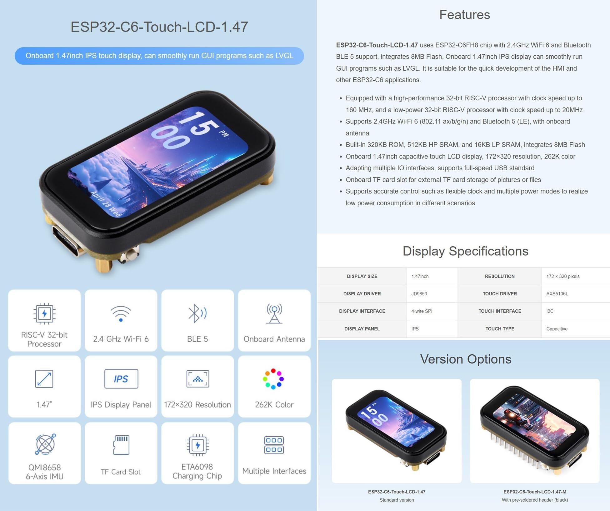 ESP32-C6 1,46 inch LCD Touch Display Development Board, ESP32 met 1,46
