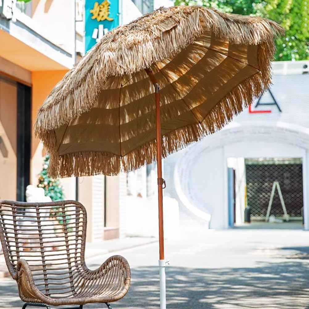 Wytrzymały zewnętrzny parasol na patio, 2 m, 8 żeber, słomka, hawajski, tropikalny UV 50+, ochrona przed przewróceniem, przenośny, na plażę, do ogrodu, na balkon