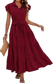 Women's Summer Casual Dresses 2025 Cap Ruffle Sleeve V Neck Button Belted Tiered Boho Maxi Dress with Pockets - Buy now