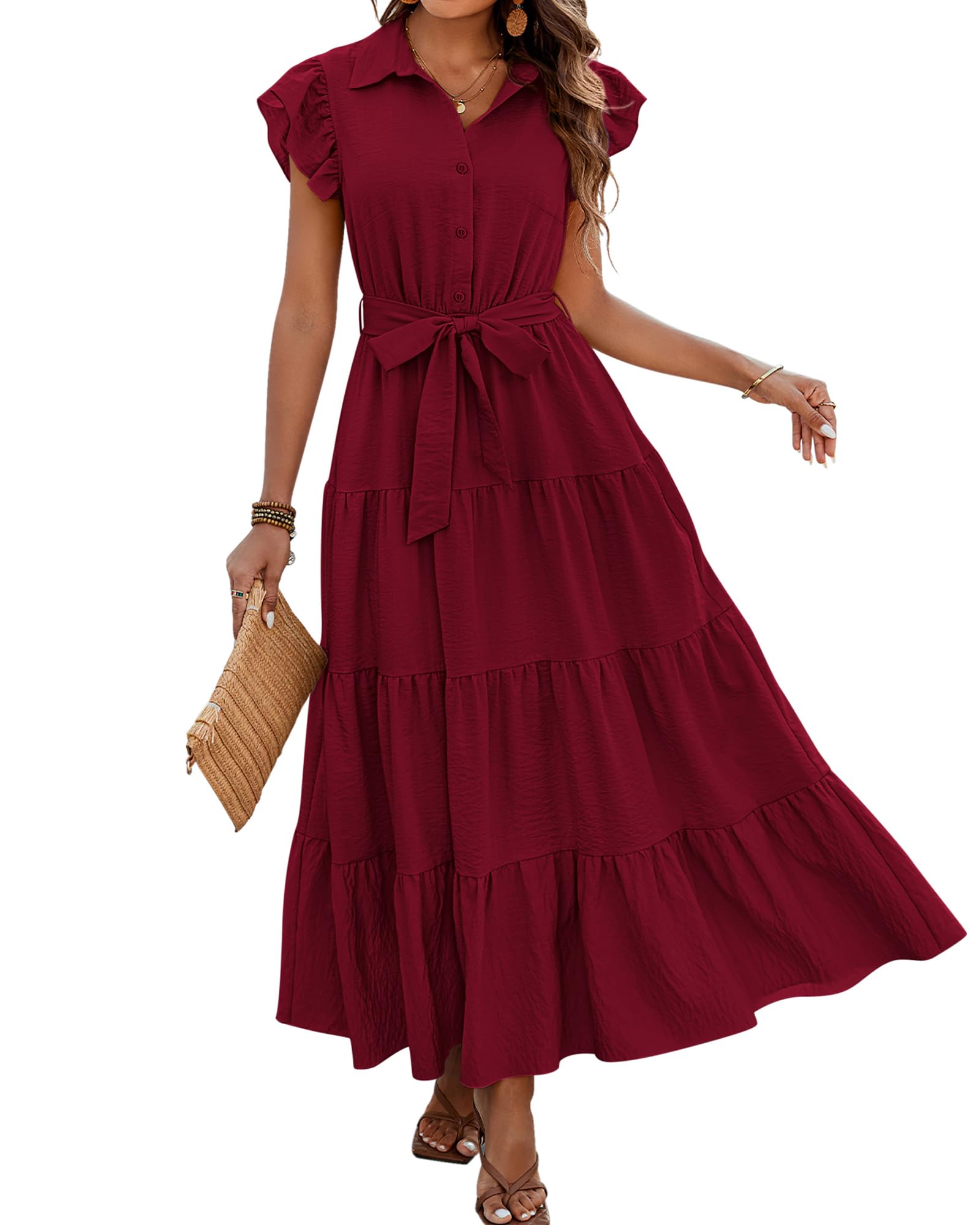 dowerme Women's Summer Casual Dresses 2025 Cap Ruffle Sleeve V Neck Button Belted Tiered Boho Maxi Dress with Pockets