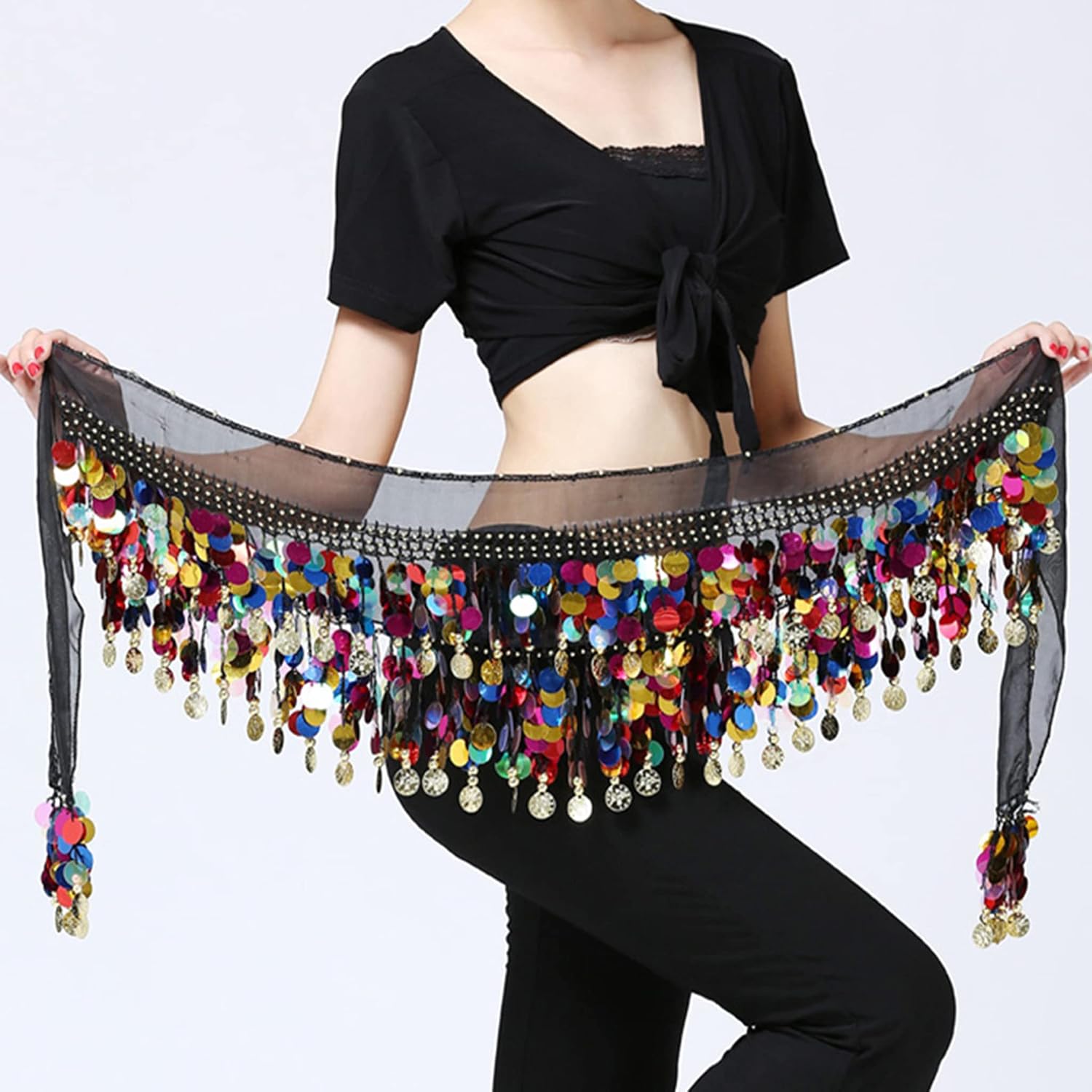 Wuchieal Women's Belly Dance Hip Scarf, Sweet Belly Dance Skirt Wrap Performance Bling Sequins Coins, Belly Dance Costume image 3