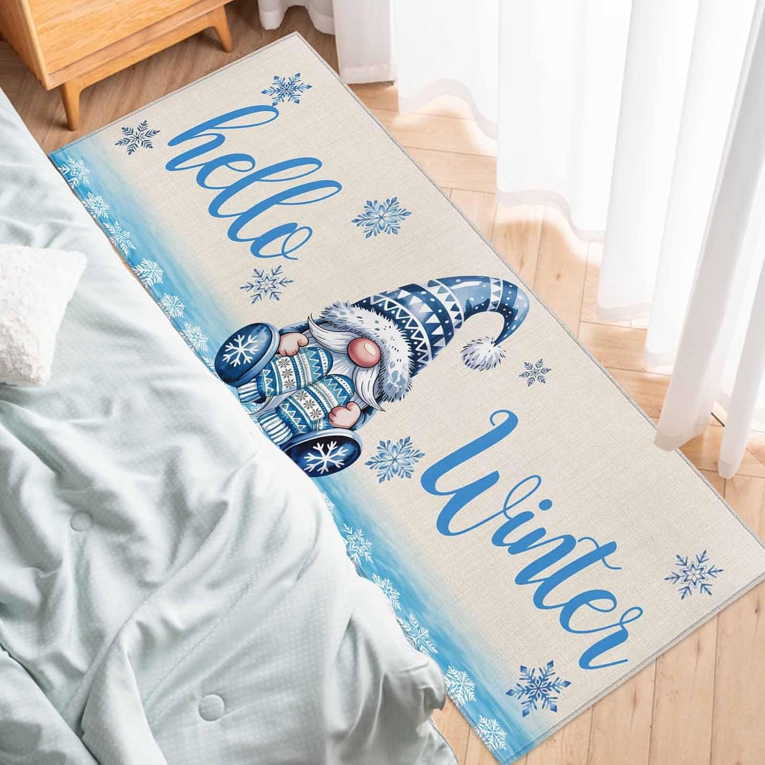 2 Piece Non-Slip Kitchen Mat Runner Rug Set Doormat Happy Winter Blue Gnome Snowflakes Door Mats Rubber Backing Carpet Indoor Floor Mat (15.7" x 23.6"+15.7" x 47.2")