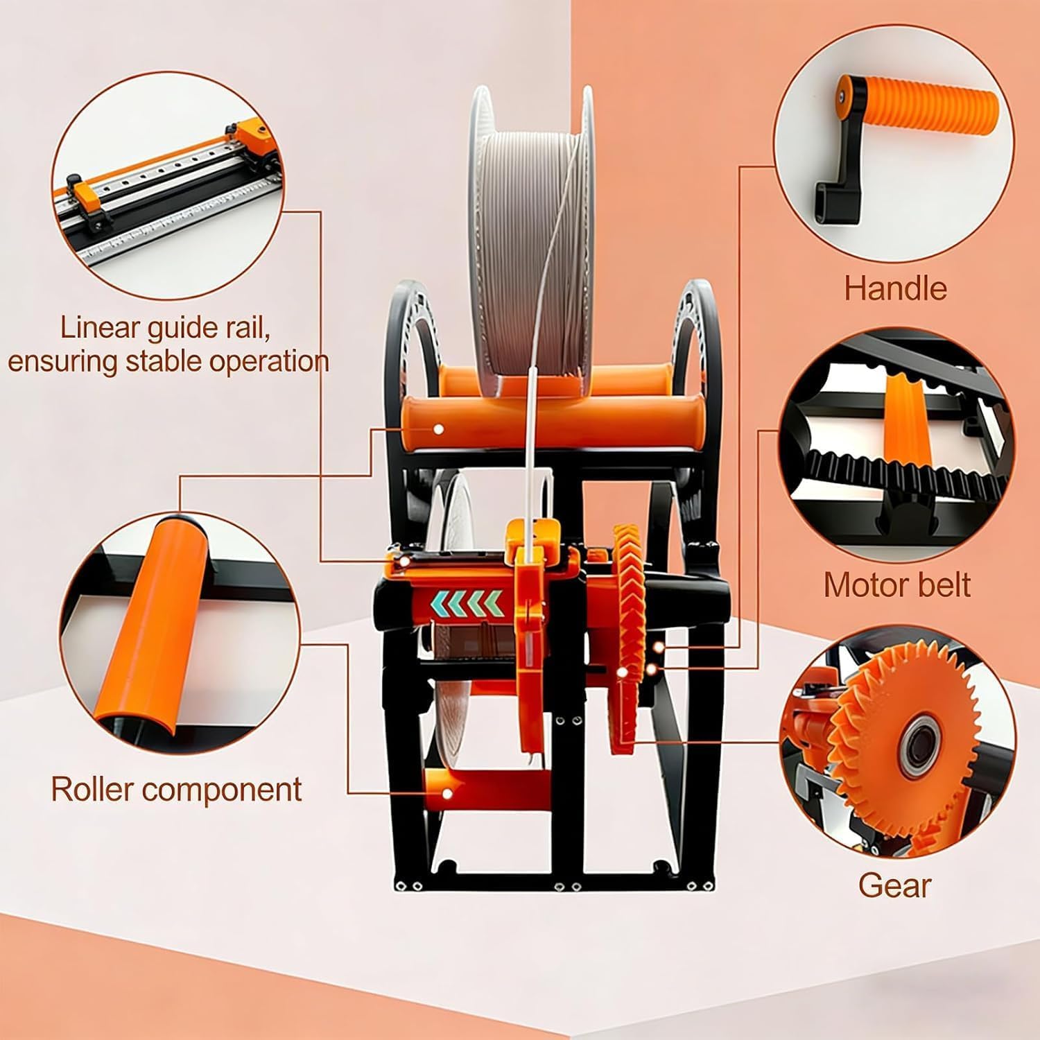 Bobinadora de filamento con diseño modular extraíble y enhebrado manual para suministros de impresión 3D