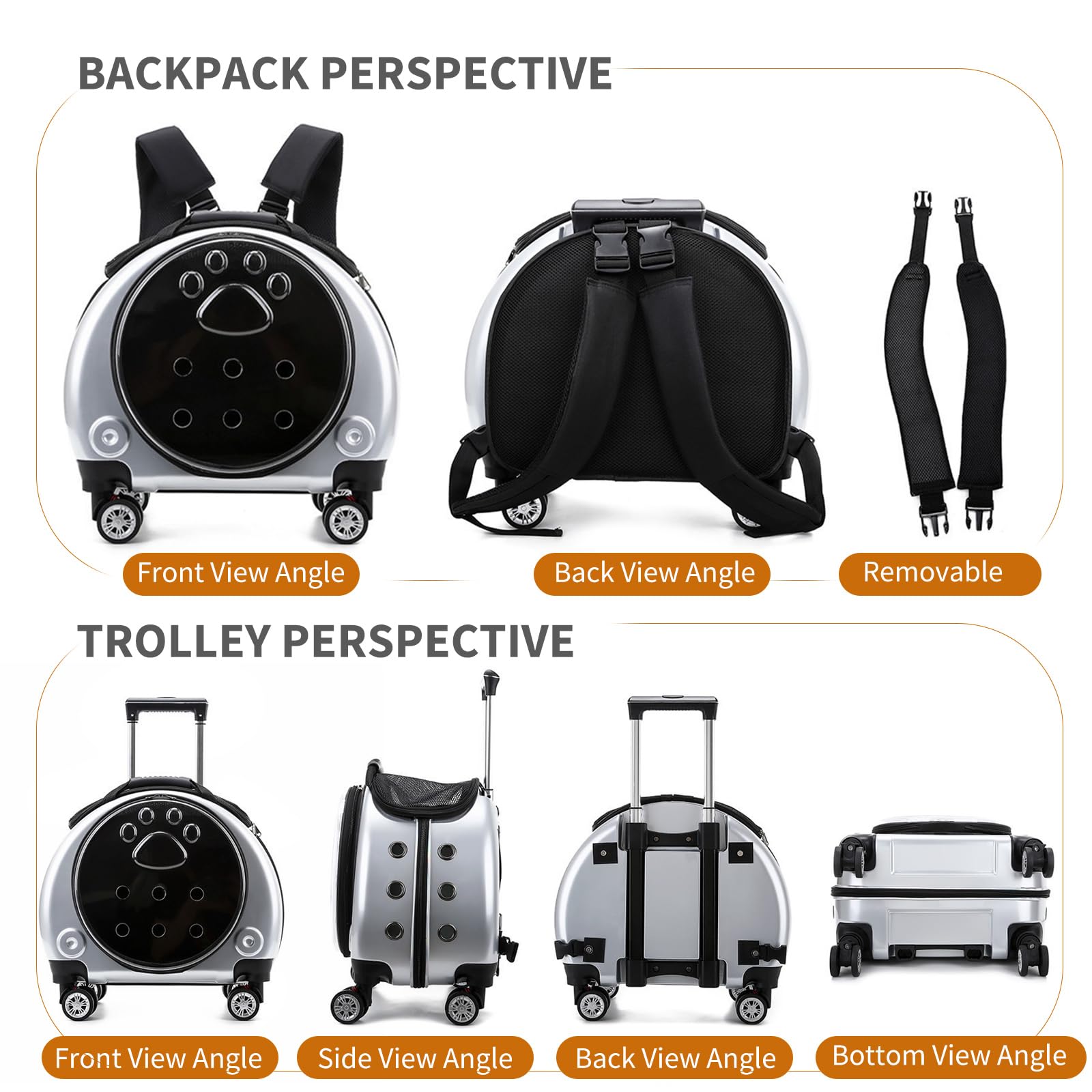 PETCUTE Zaino Trolley per Cani Gatti,Buona Ventilazione,Zaino per Gatti con Tappetino Rimovibile,Comoda Maniglia,Pieghevole Trasportino Gatto con Ruote per Cani Piccoli Gatti Medi Fino 7.5 KG