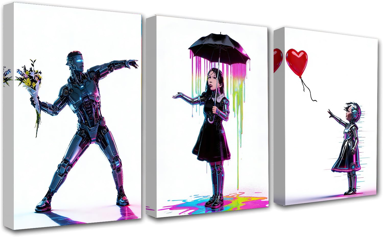 PIGPIGFLY Banksy Canvas Wall Art Triptych: Framed Flower Thrower, Girl with Balloon & Nola Paintings - Large Wall Art for Living Room,Street art Graffiti,Bedroom Mural (30x40cm Wood Frame)