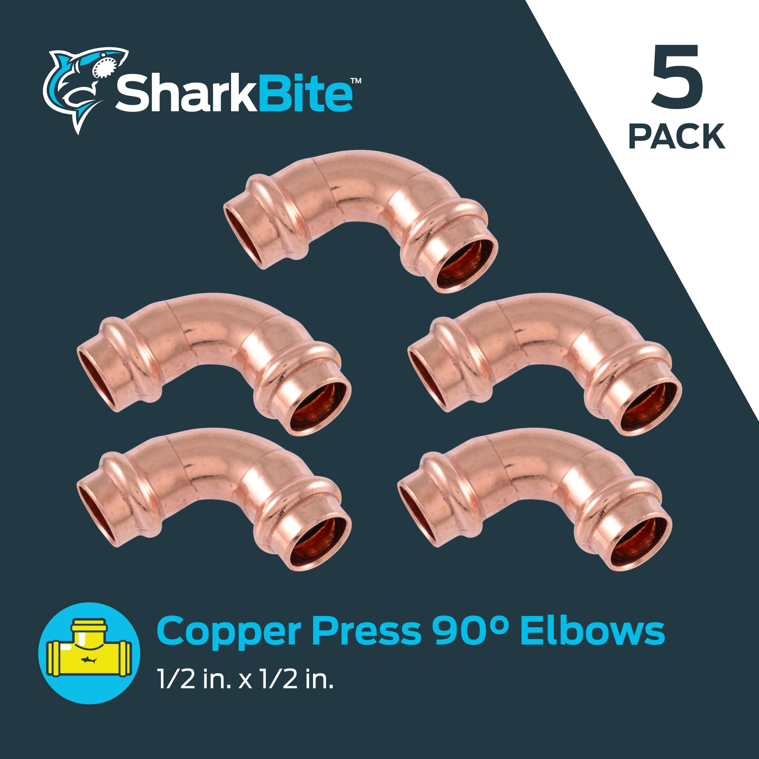SharkBite Codo de 90 grados de 1/2 x 1/2 pulgada, accesorio de fontanería de prensa de cobre, paquete de 5, UPR248X5