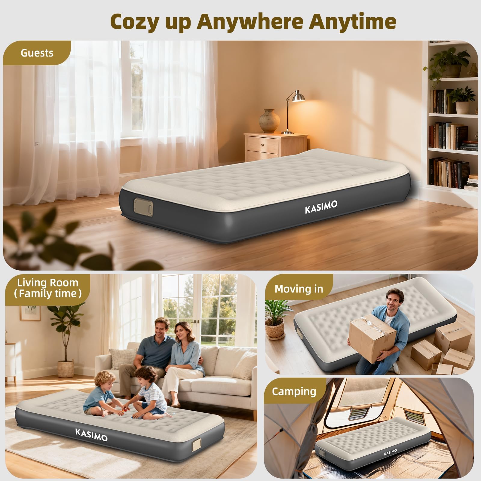 KASIMO Colchón de aire con bomba integrada, inflable TPU con almohada, para camping viajes casa de invitados individual