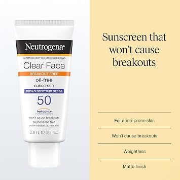 Neutrogena Clear Face Sunscreen Lotion SPF 50 for Acne-Prone Skin Broad Spectrum UVA UVB Protection Oil-Free No-Fragrance No-Oxybenzone Water-Resistant Daily Face Moisturizer, 3 fl oz