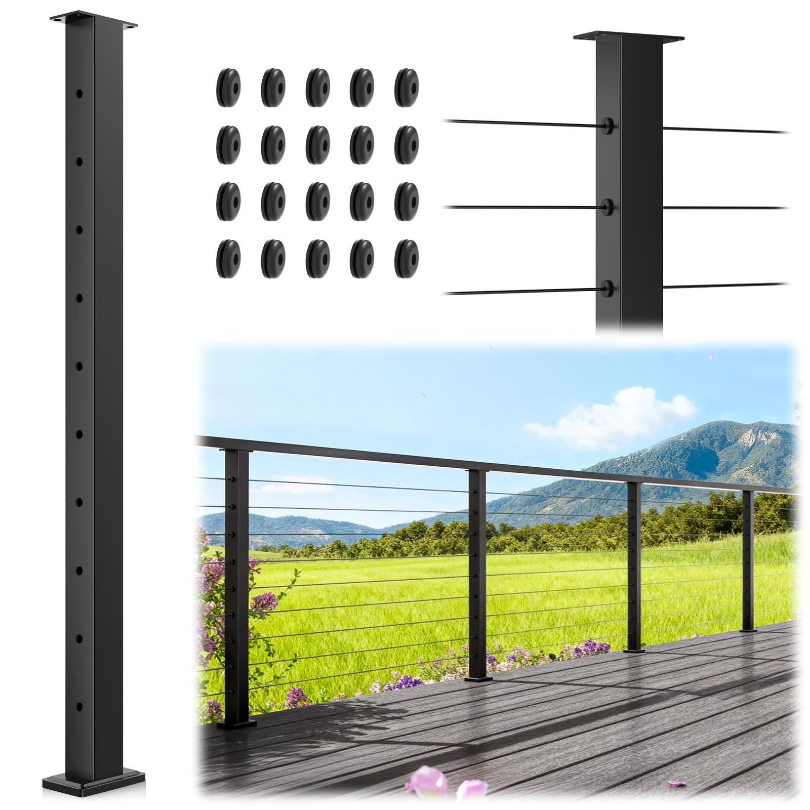 36" Cable Railing Post, Stainless Steel T304 Level Drilled Line Post for Deck Cable Railing, Upgraded Black Coated Surface Mount Wire Metal Post for Indoor Outdoor Deck Porch Balcony
