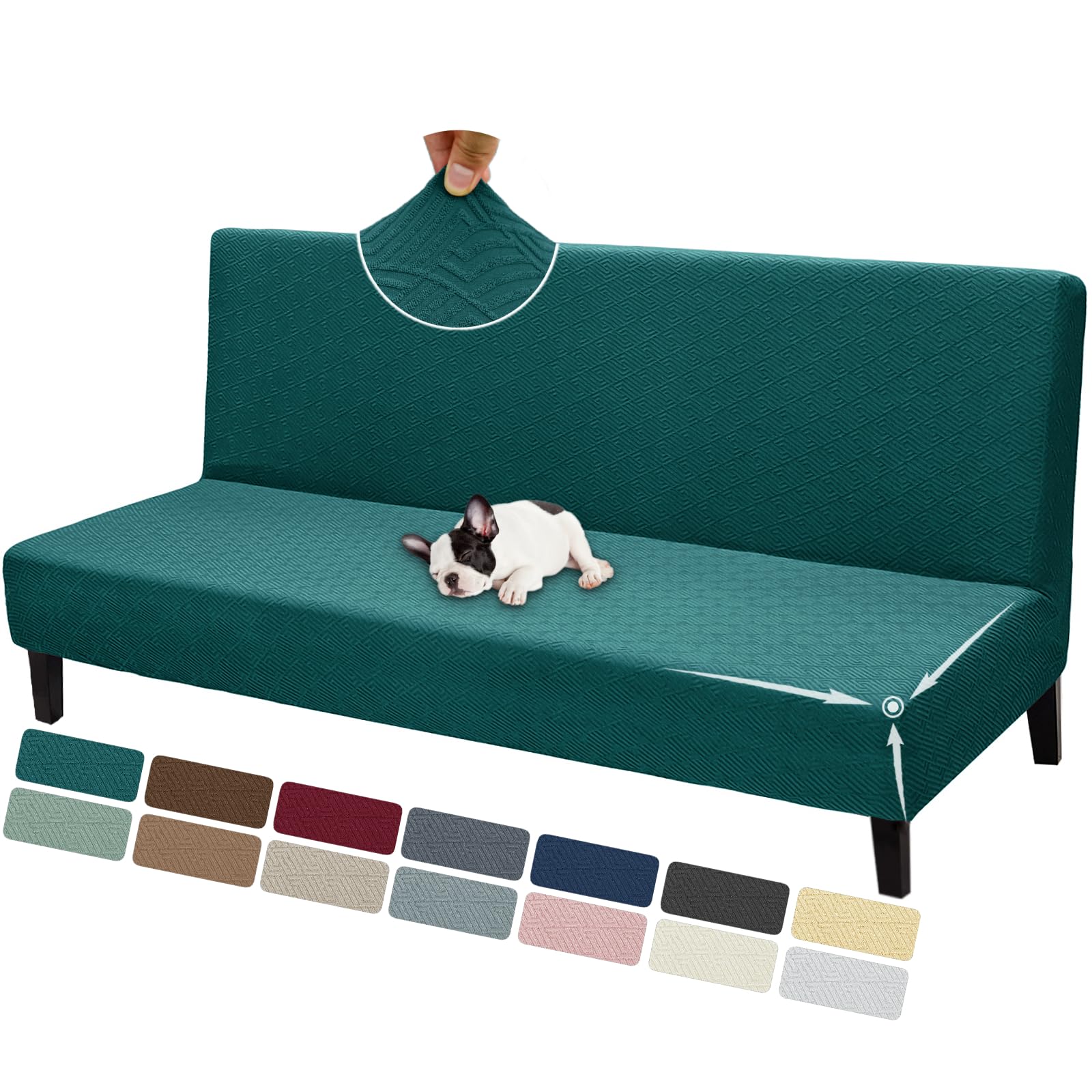 ZNSAYOTX Armless Futon Cover Super Stretch (67"-82") Jacquard Futon Sofa Bed Slipcover with Non-Slip Elastic Bottom, Universal Sofa Mattress Covers Full Queen Size (Soft Durable Washable, Teal Green)