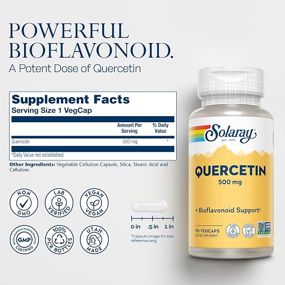 SOLARAY Quercetin 500mg Capsules - Antioxidants Supplement - Bioflavonoid and Antioxidant Support for Overall Health and Wellness - Non-GMO, Vegan, Lab Verified, 90 Servings