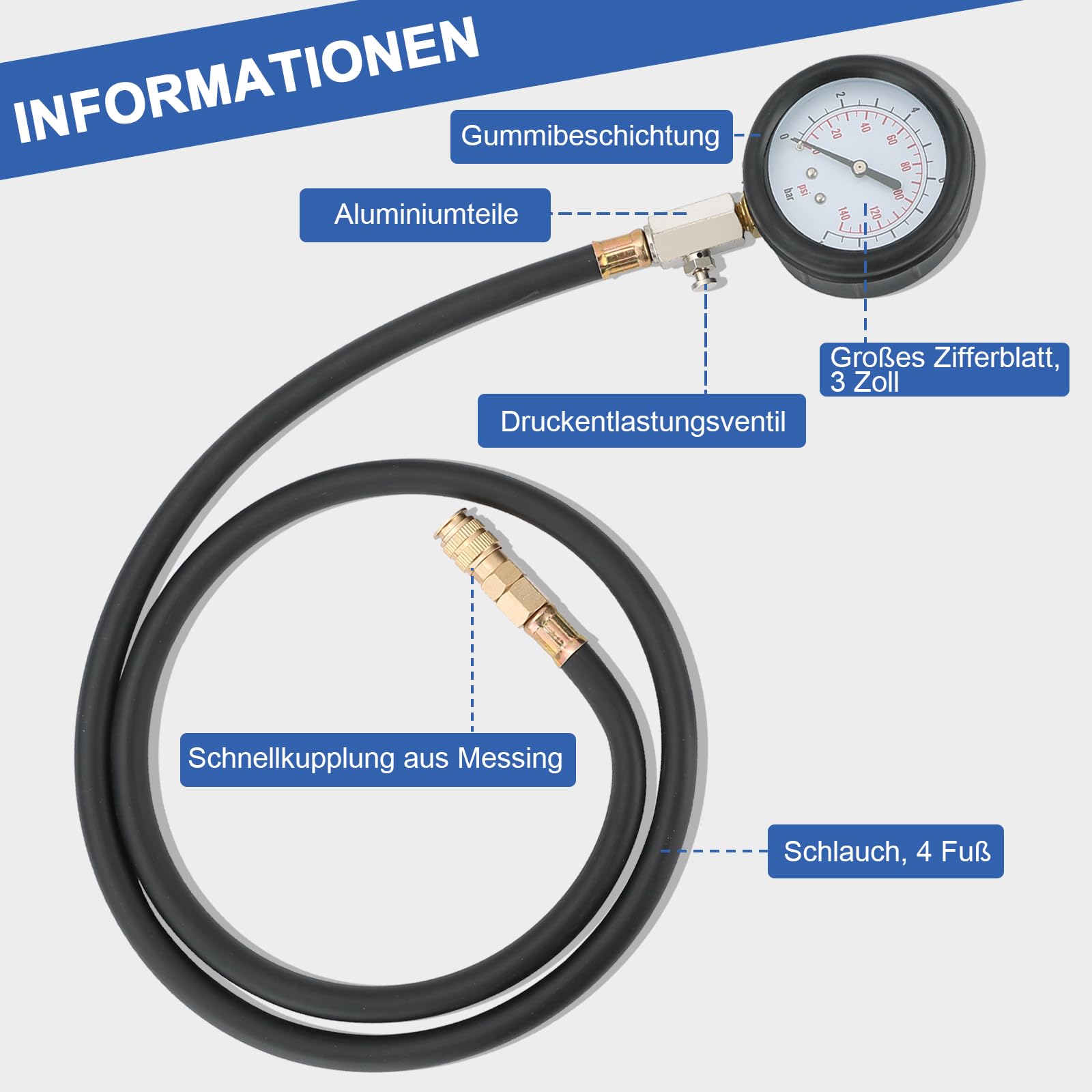 DASBET Öldruckprüfer Öldruckmesser 0–10 bar (0–140 PSI) Motoröl-Drucktester Kit für Zylinder, inkl. Schlauch und Adapter, Öl-Diagnosewerkzeug für Auto, ATV und LKW