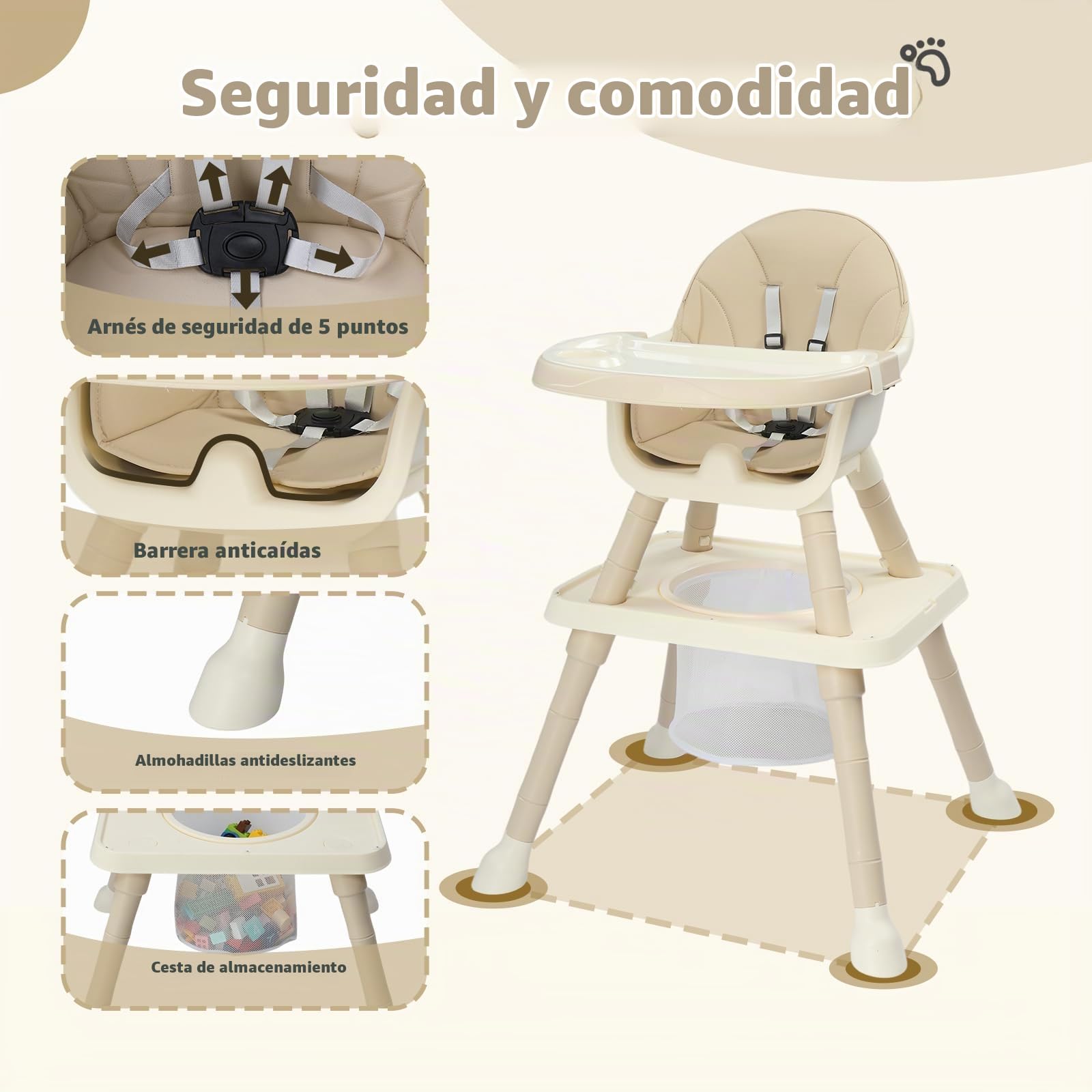 Bonnlo Silla Alta para Bebé con Función de Reclinación, Silla para Bebé a Partir de 6 Meses para Comer y Bañera, Premium con Marco Dorado, Incl. Bandeja Doble y Reposapiés, Hasta 15 kg (Beige, 6560)