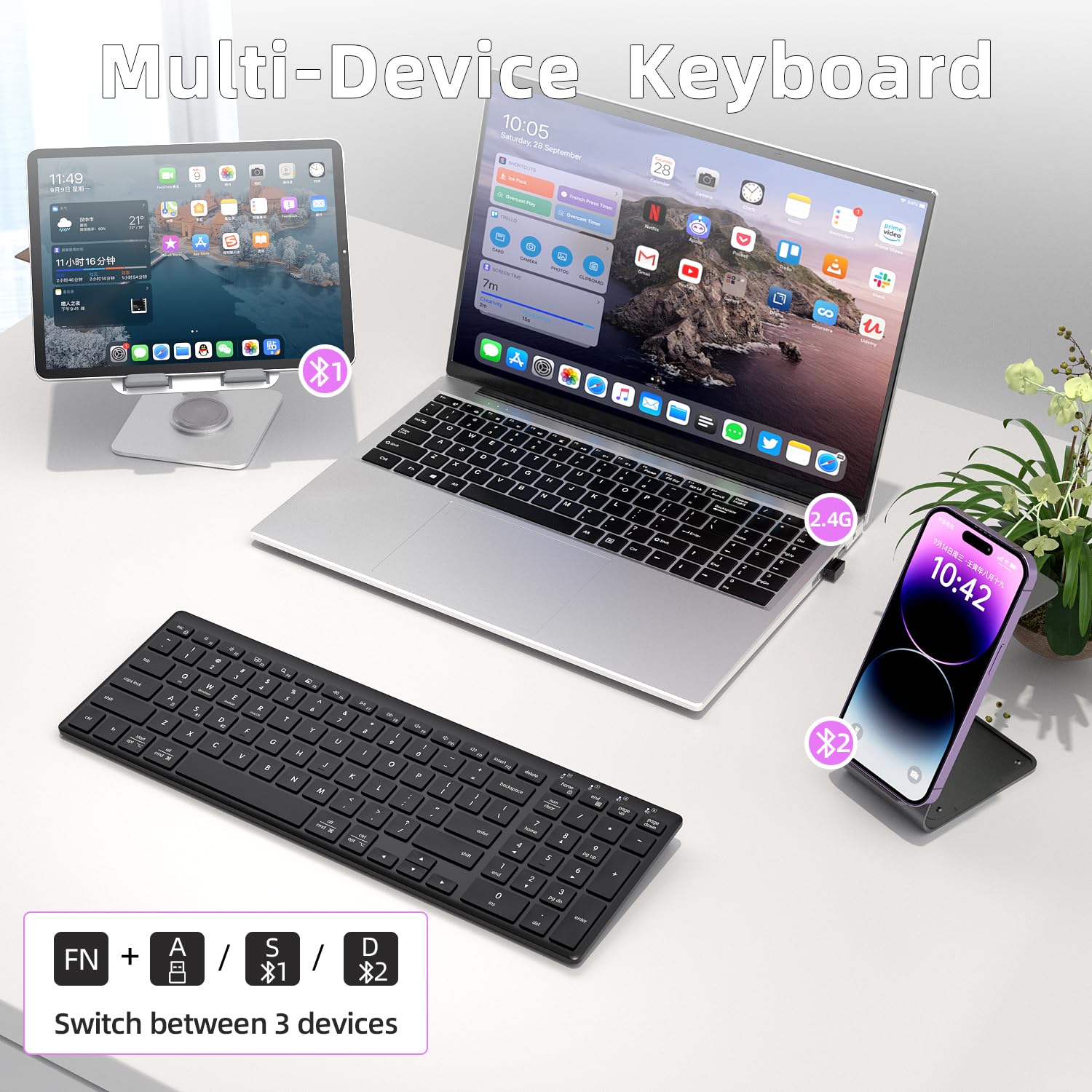 INFINMIND Tastiera Bluetooth wireless ultra sottile con compatibilità multi-dispositivo, tastierino numerico, design ergonomico, tastiera compatta per computer Windows, Mac, laptop, Android