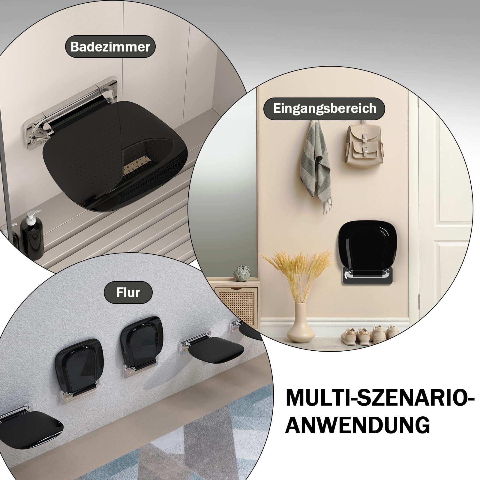 Składane siedzisko prysznicowe, montaż ścienny z dużą powierzchnią do siedzenia, ergonomiczny, antypoślizgowy taboret kąpielowy dla seniorów i niepełnosprawnych, obciążenie 180 kg, kolor czarny