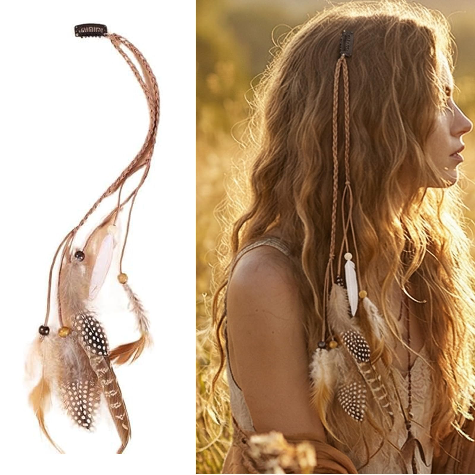 Feather Hair Extensions Clip In Handmade Boho Rooster Feather Hair Accessory 13 Inch Lightweight Festival Hair Clip with Beads & Rope for Women