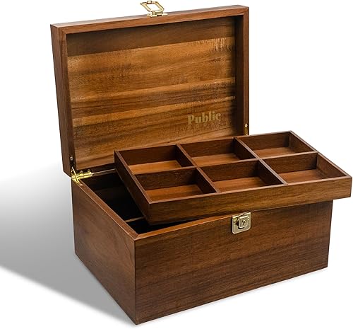Public House Caja de madera con bloqueo, diseño personalizable con bandeja ajustable. Caja de madera grande con tapa con bisagras para recuerdos de