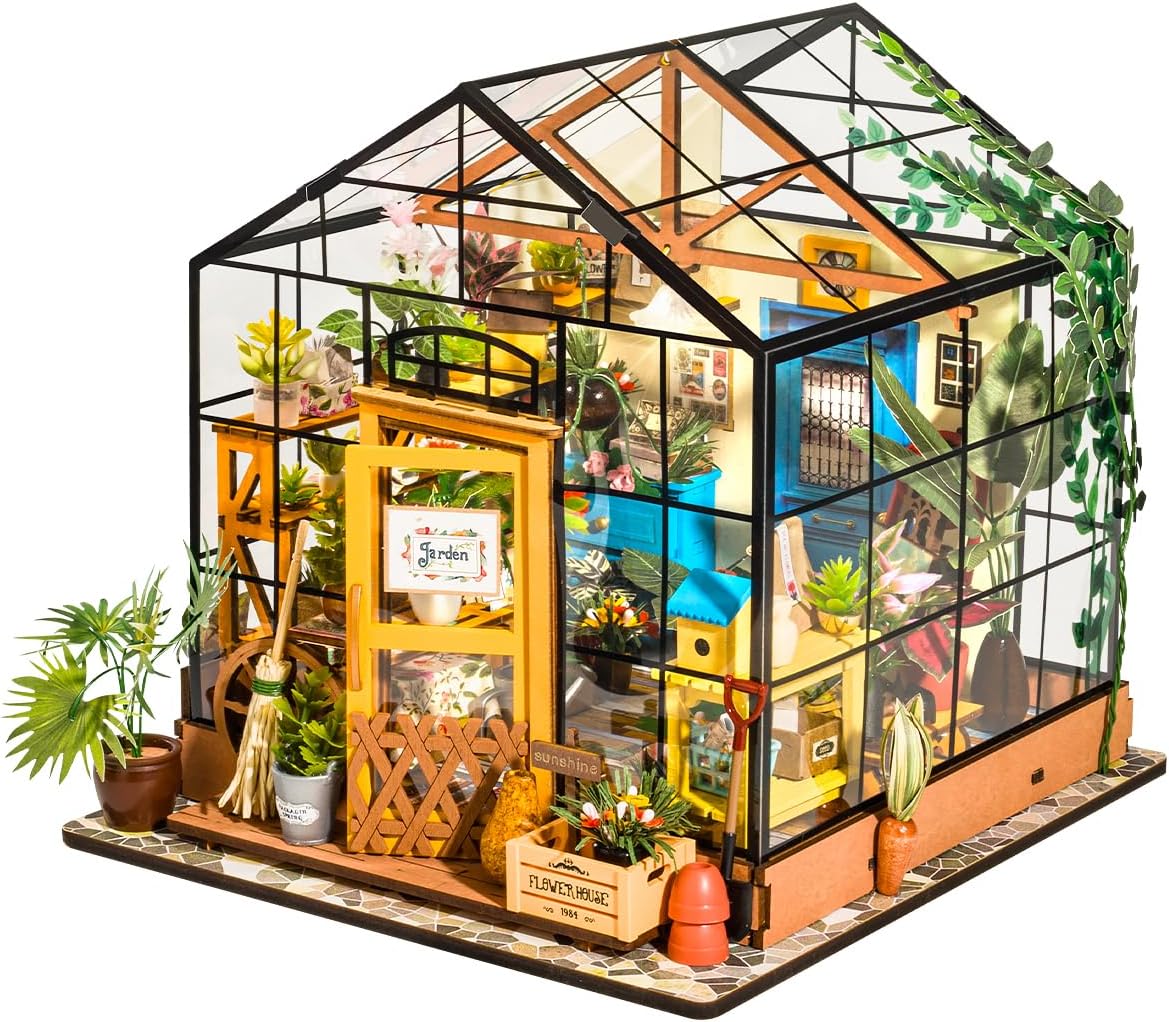 Rowood Miniature House Kit, DIY Miniature Greenhouse Dollhouse Kits for Adults, Wooden Crafts for Adults, Gifts on Birthday Christmas - Cathy's Flower House