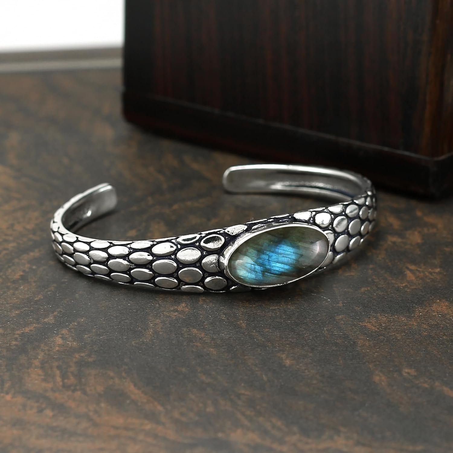Natural Labradorite Cuff Bangle Bracelet for Men Women – Handmade 925 Silver Plated Adjustable Bohemian Jewelry – Blue Green Flash Gemstone Vintage Style Statement Bangle – Gift for Him Her - Image 4