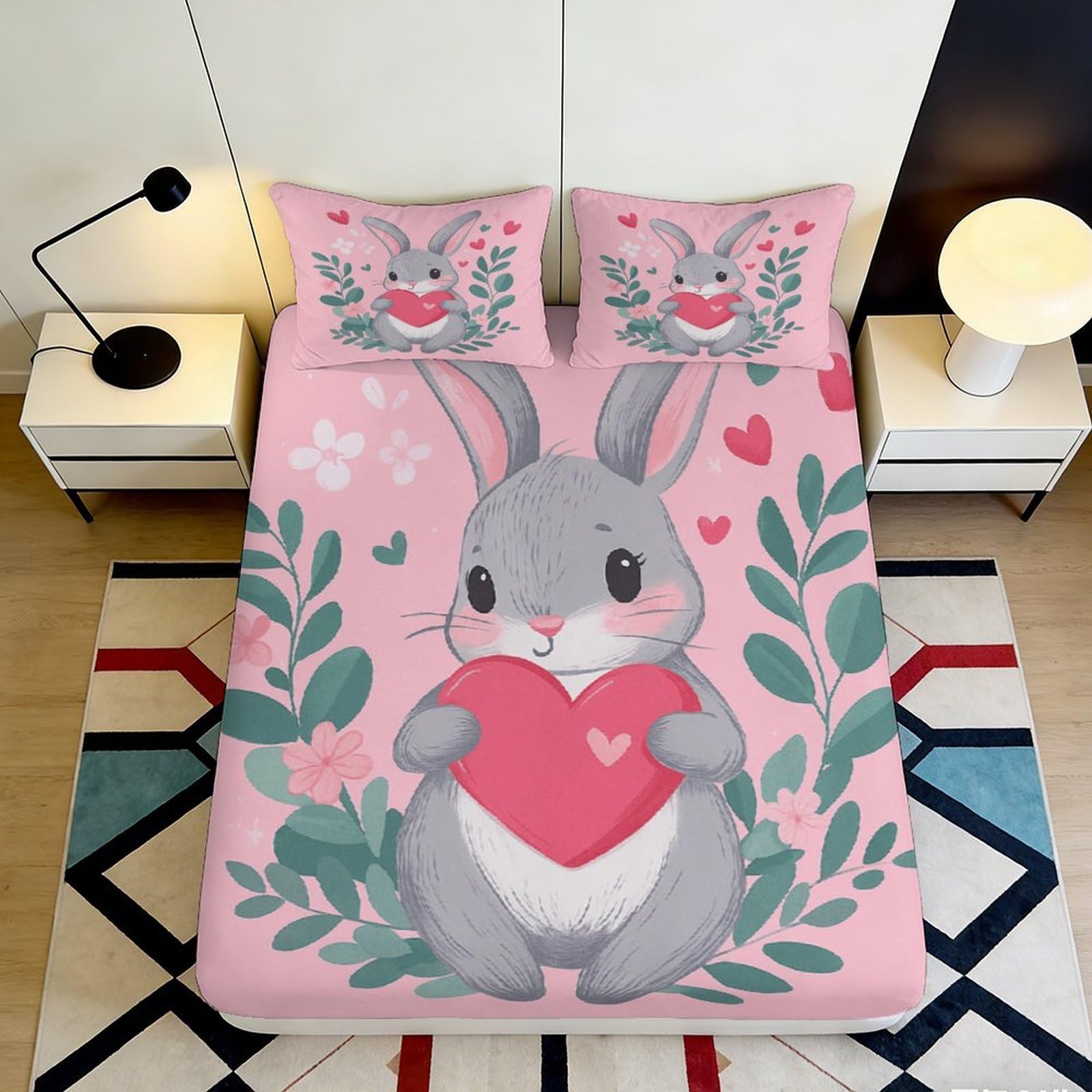 Pnayamiorkfel Style-5 3D Printed Cute Bunny Fitted Sheet Microfiber Pink Heart Floral Bed Cover For Bedroom Guest Room Dorm Decor 90X200x25cm