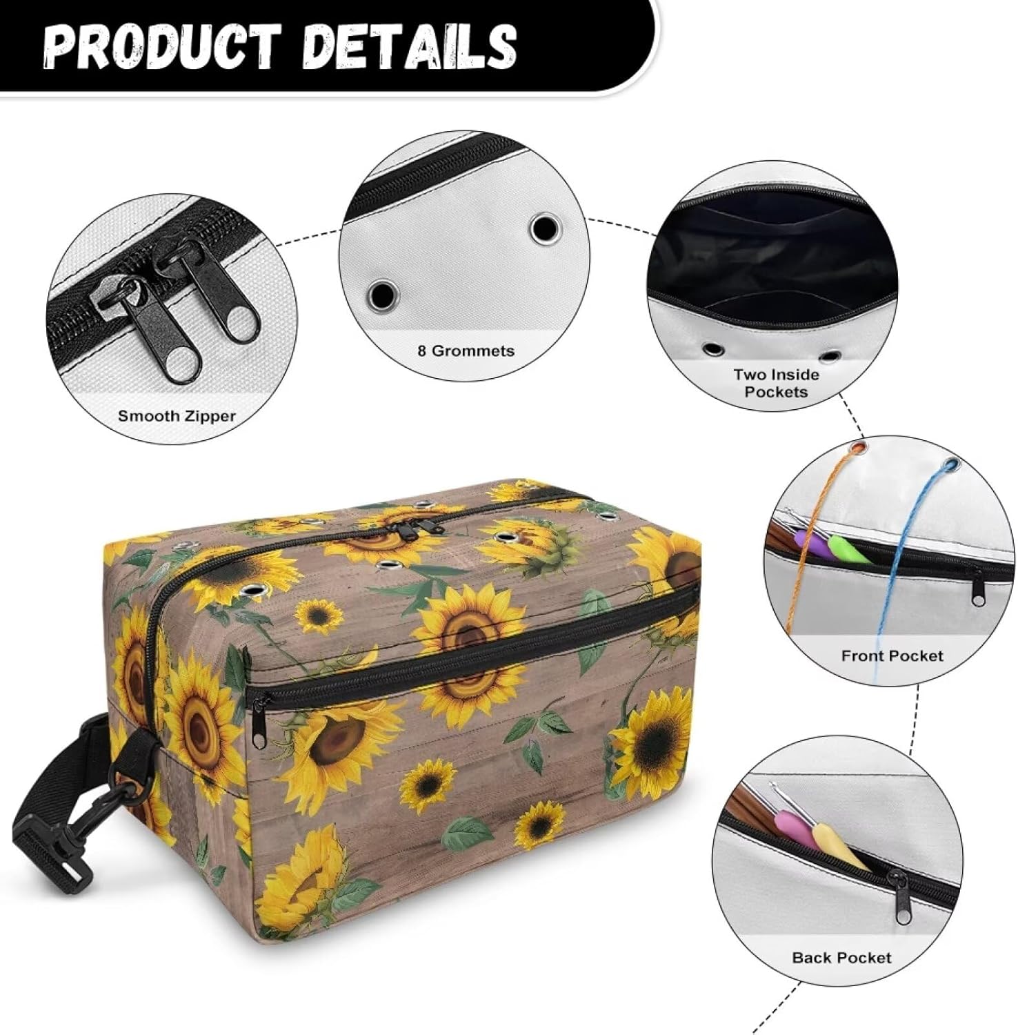 Goronwyfloyd Classic Sunflowers Yarn Bag Knitting Bags and Totes Organizer Yarn Storage Organizer for Knitting Needles, Crochet Hooks, Skeins Yarn Keep Tidy and Clean