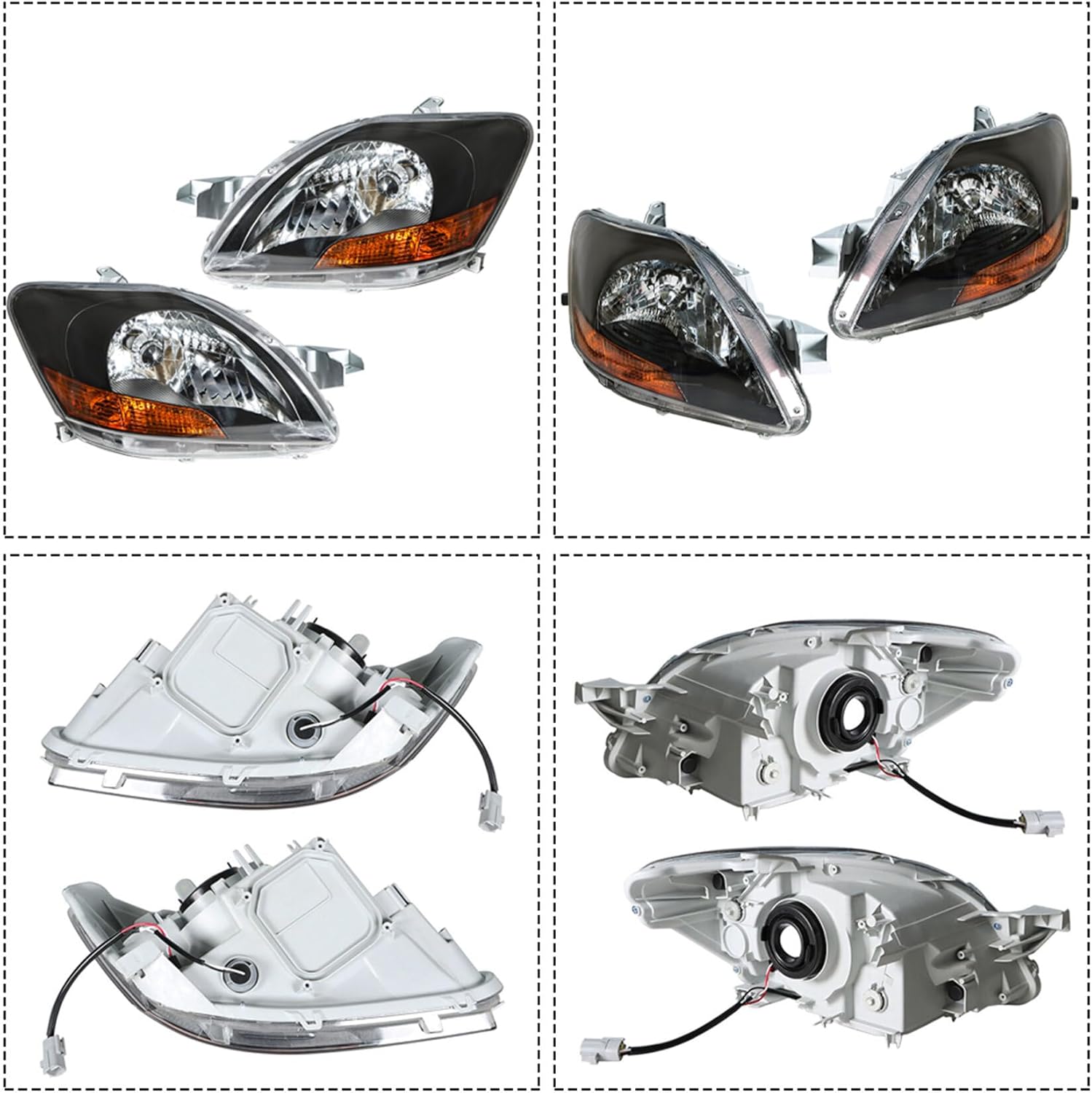 labwork Replacement for Toyota Yaris 2007-2011 Sedan Black Housing Projector Headlight Assembly Pair Left+Right Side (Passenger Driver Side)