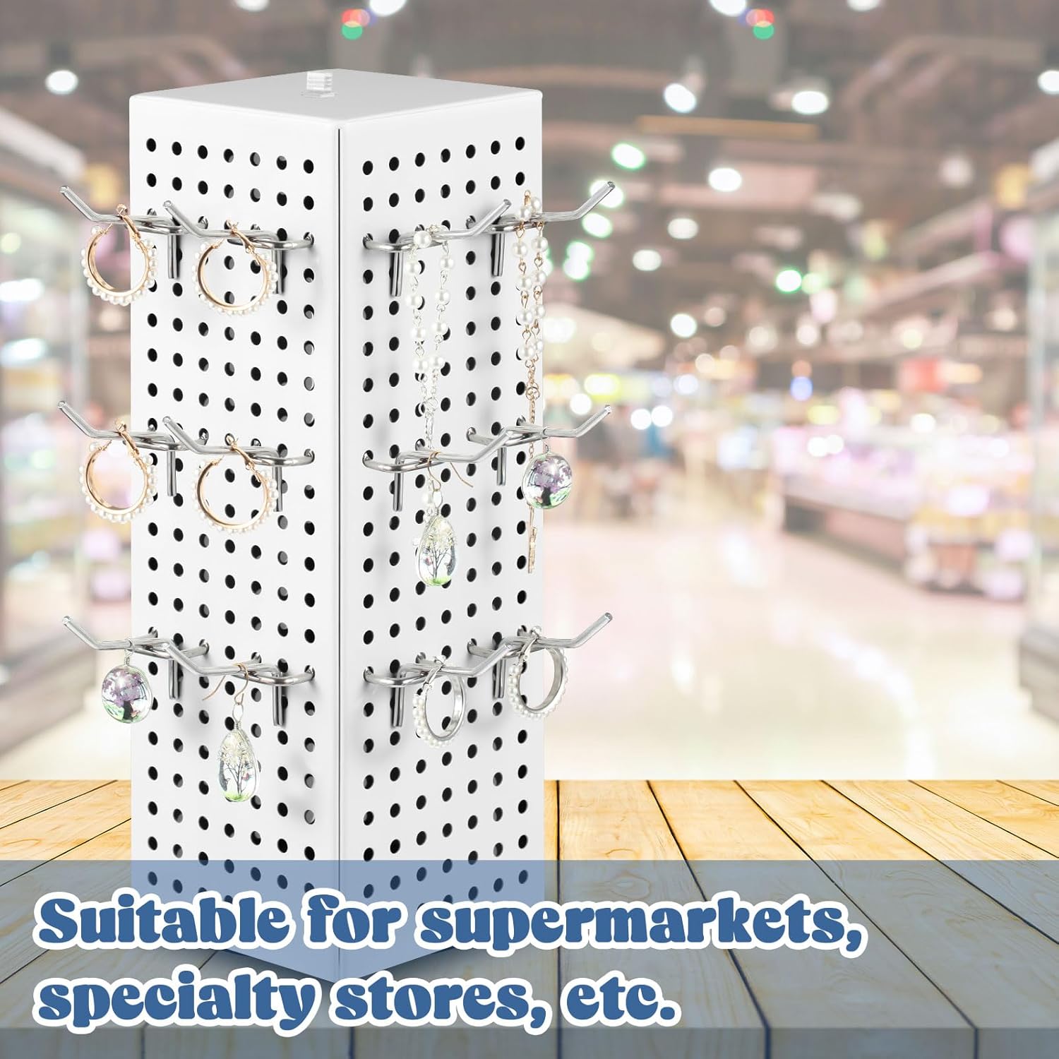 Geelin Rotating Countertop Display Kit with 16 Peg Hooks Four Sided Pegboard Spinner Organizer 4 x 4 x 12 Inches Retail Display Racks Revolving Metal Countertop for Keychain Supplies(White)