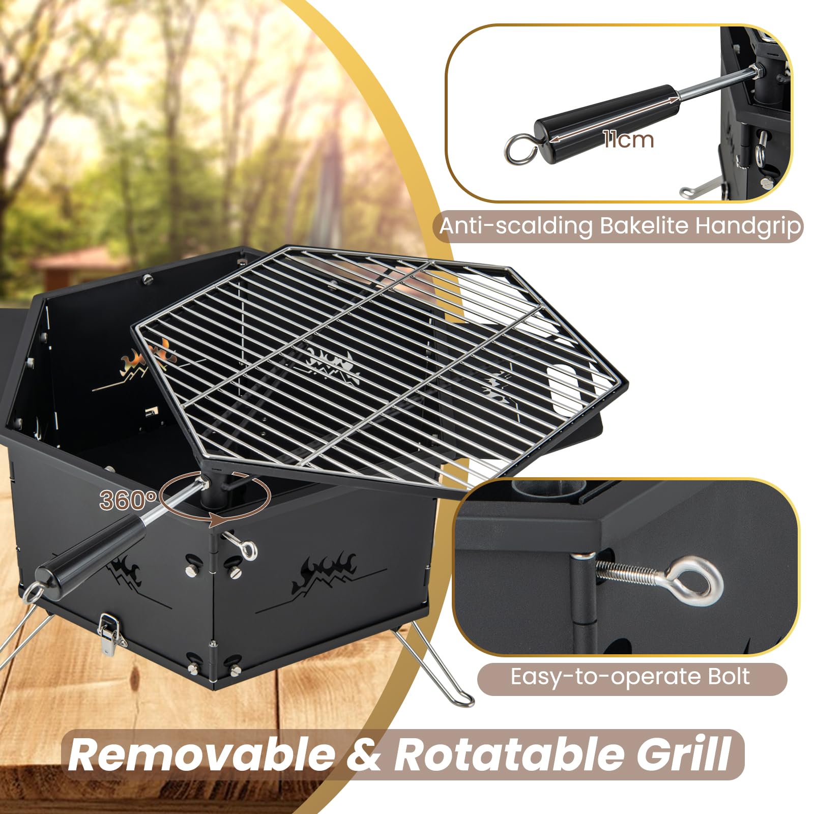 KOMFOTTEU Barbacoa de Carbón Grande 2 en 1 con Parrilla Giratoria 360° | Barbacoa de Camping de Acero al Carbono, 77 x 74 x 38 cm, Negro