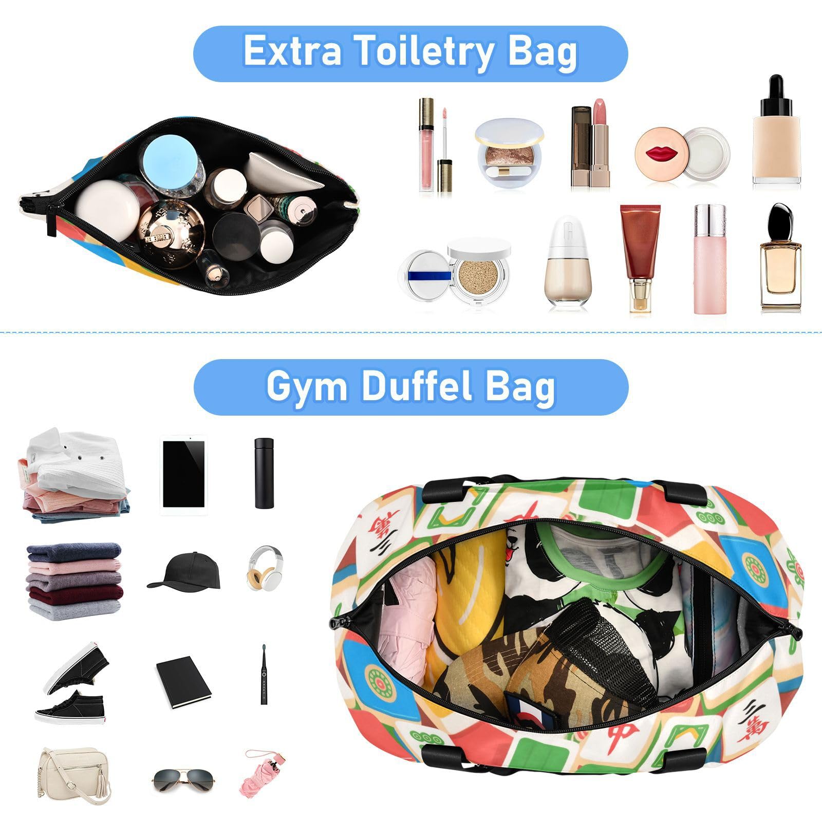 Kolorowa kreskówka mahjong torba na noc z mokrą kieszenią regulowany pasek siłownia podnoszenie torby marynarskie na wędrówki duża pojemność dla mężczyzn kobiet