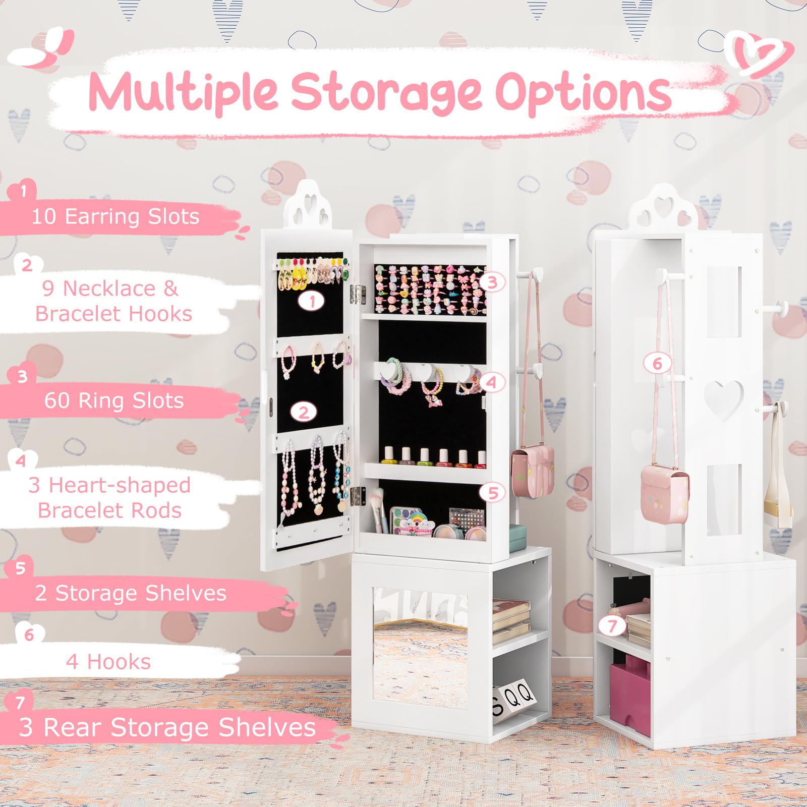 Costzon Kids Vanity & Jewelry Armoire Cabinet, Wooden Kids Vanity Table and Chair Set, Standing Jewelry Organizer with Full-Length Mirror, Large Storage, Kids Bedroom Furniture Set for Girls (White)