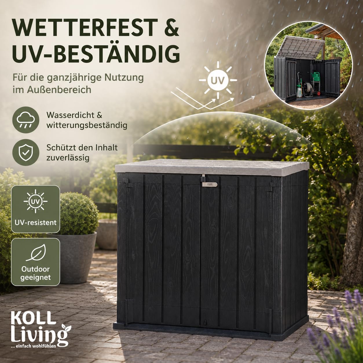 Koll Living Mülltonnenbox 'Vela' 1270 Liter | 145 x 85 x 125 cm | für 2X 240L Mülltonnen | Anthrazit | abschließbar | mit Gasdruckfedern | UV- & witterungesbeständig