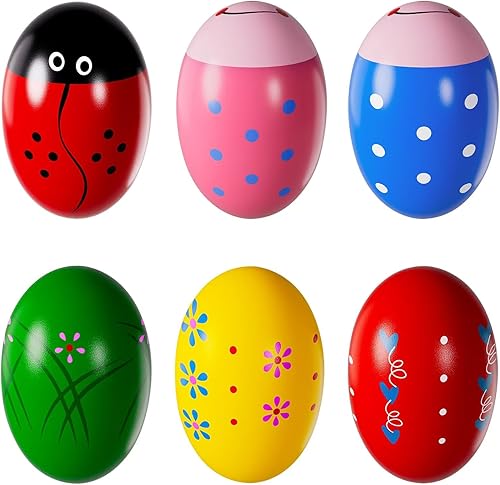 Juego de 6 huevos de Pascua precargados para cestas de Pascua, huevos de percusión musical de madera, juguetes esenciales Montessori para niños