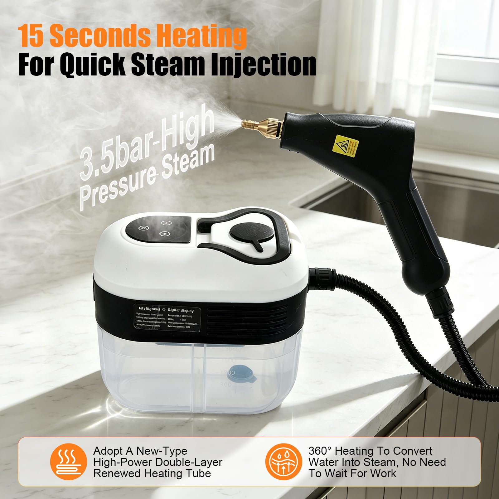 2500W Dampfreiniger Handheld mit 4,5 Bar Hochdruck & 1500ml Tank - 6 Dampfstufen, 15s Schnellheizung für Küche, Bad, Auto, Polster & Böden - Chemiefreie Tiefenreinigung