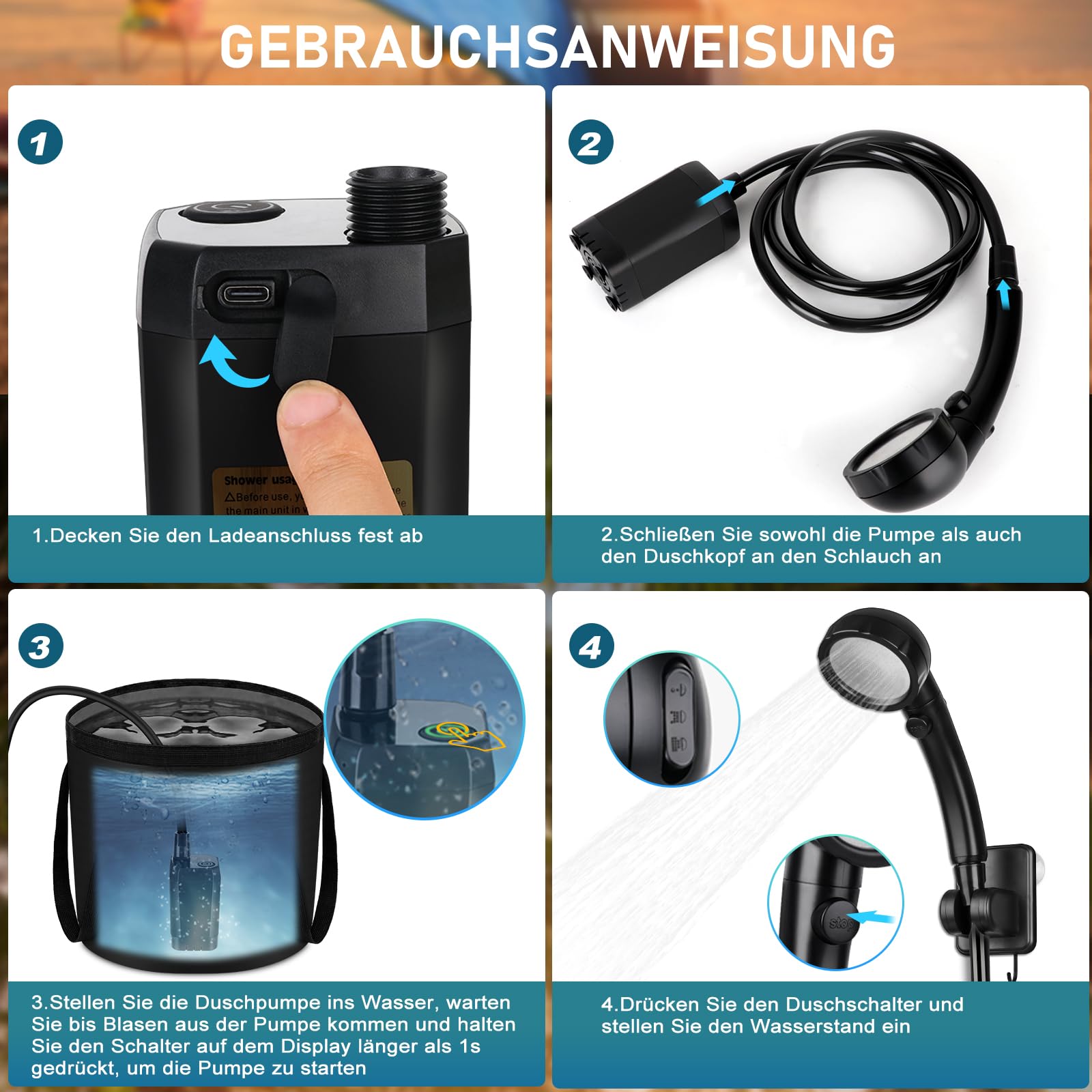 Campingdouche, oplaadbaar, 6000 mAh, draagbare douche