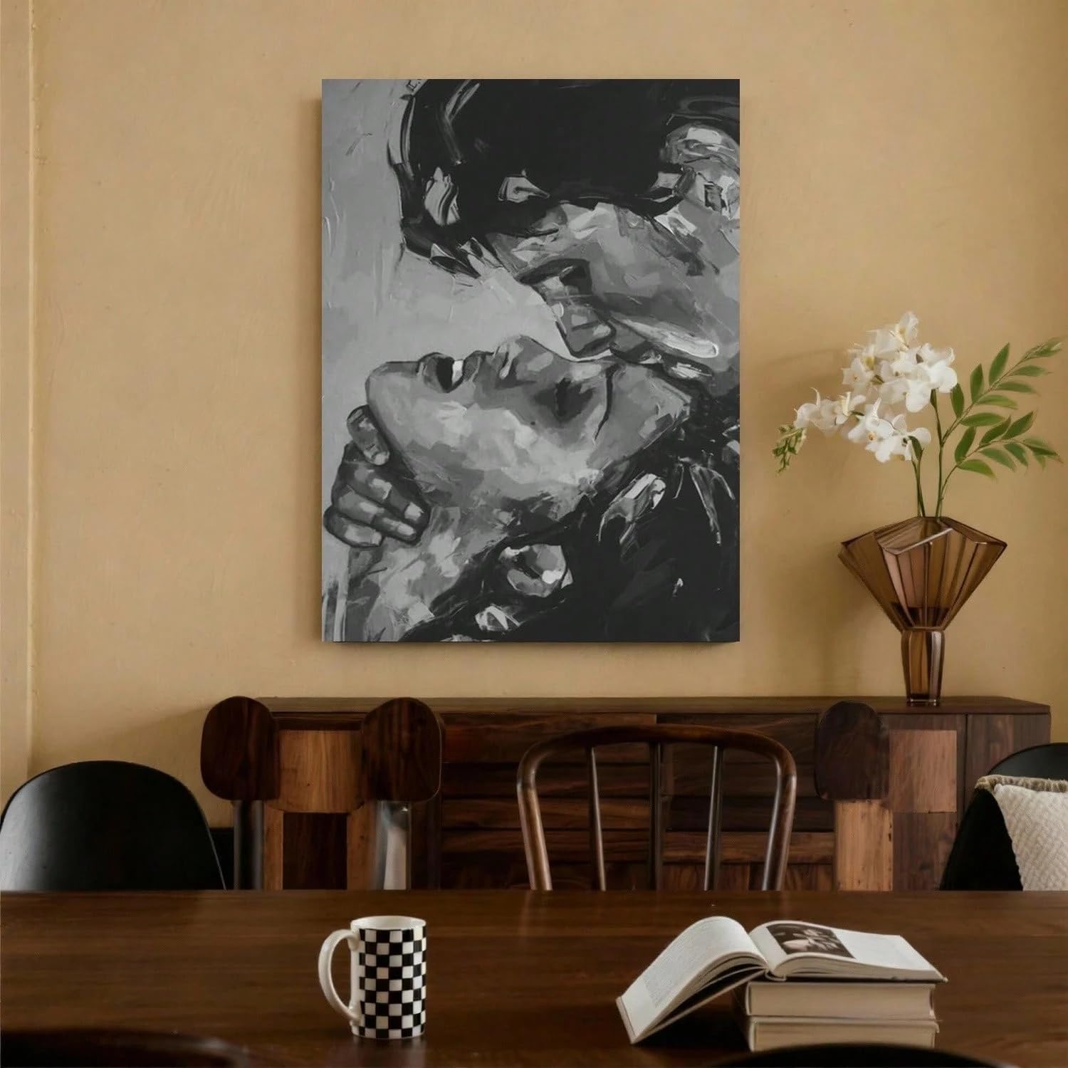 Tzkbdma No Frame Black & White Abstract Romantic Kiss Canvas Wall Art Contemporary Traditional Style Pine Canvas For Living Room(21X30cm/Without Frame)