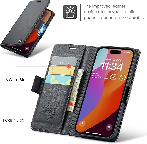 for iPhone 15 Pro Case 6.1 Inch, Premium PU Leather Wallet Case Flip Cover with [RFID Blocking][Card Holder][Stand Function] Shockproof Protective for iPhone 15 Pro, Black - 3