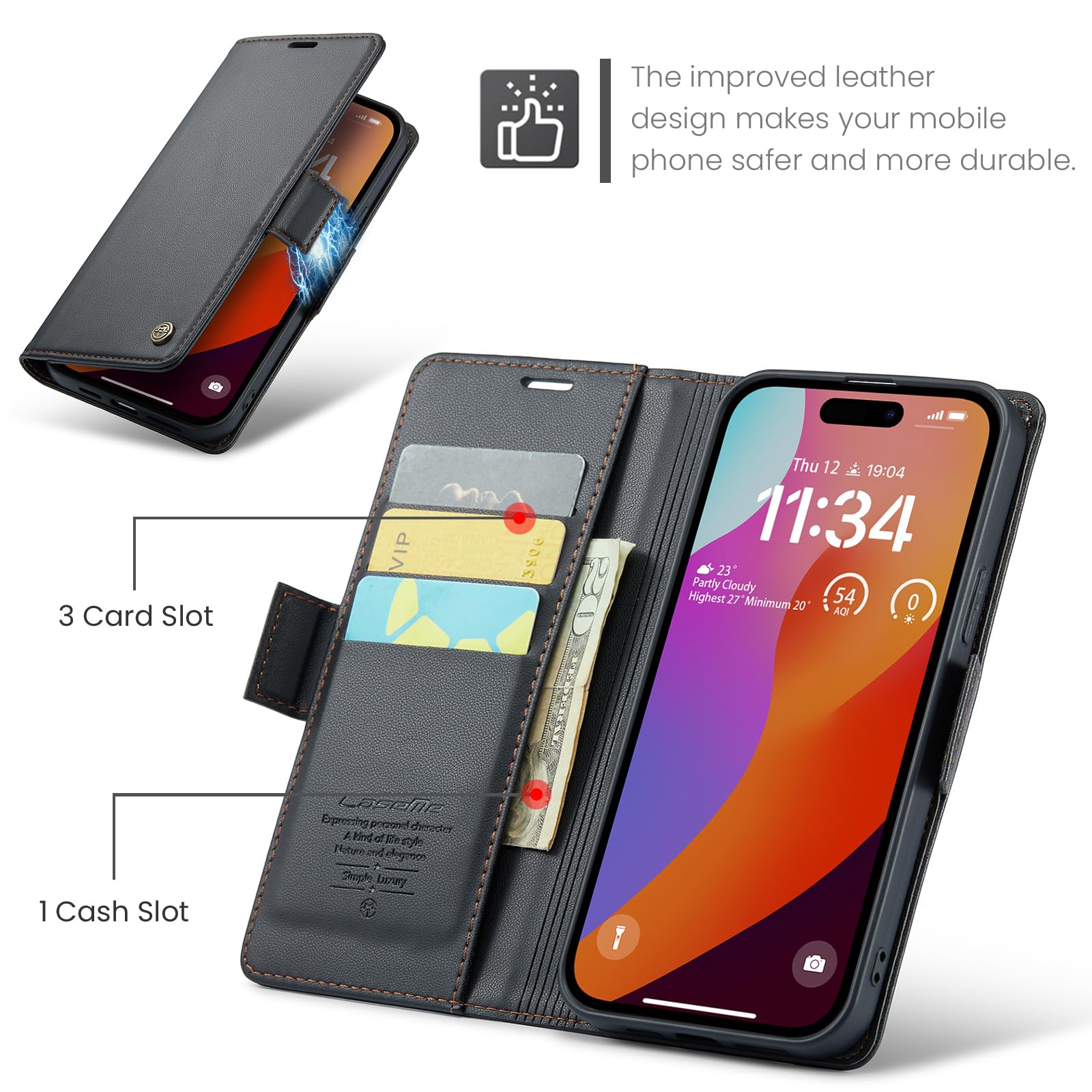 for iPhone 15 Pro Case 6.1 Inch, Premium PU Leather Wallet Case Flip Cover with [RFID Blocking][Card Holder][Stand Function] Shockproof Protective for iPhone 15 Pro, Black — view 3