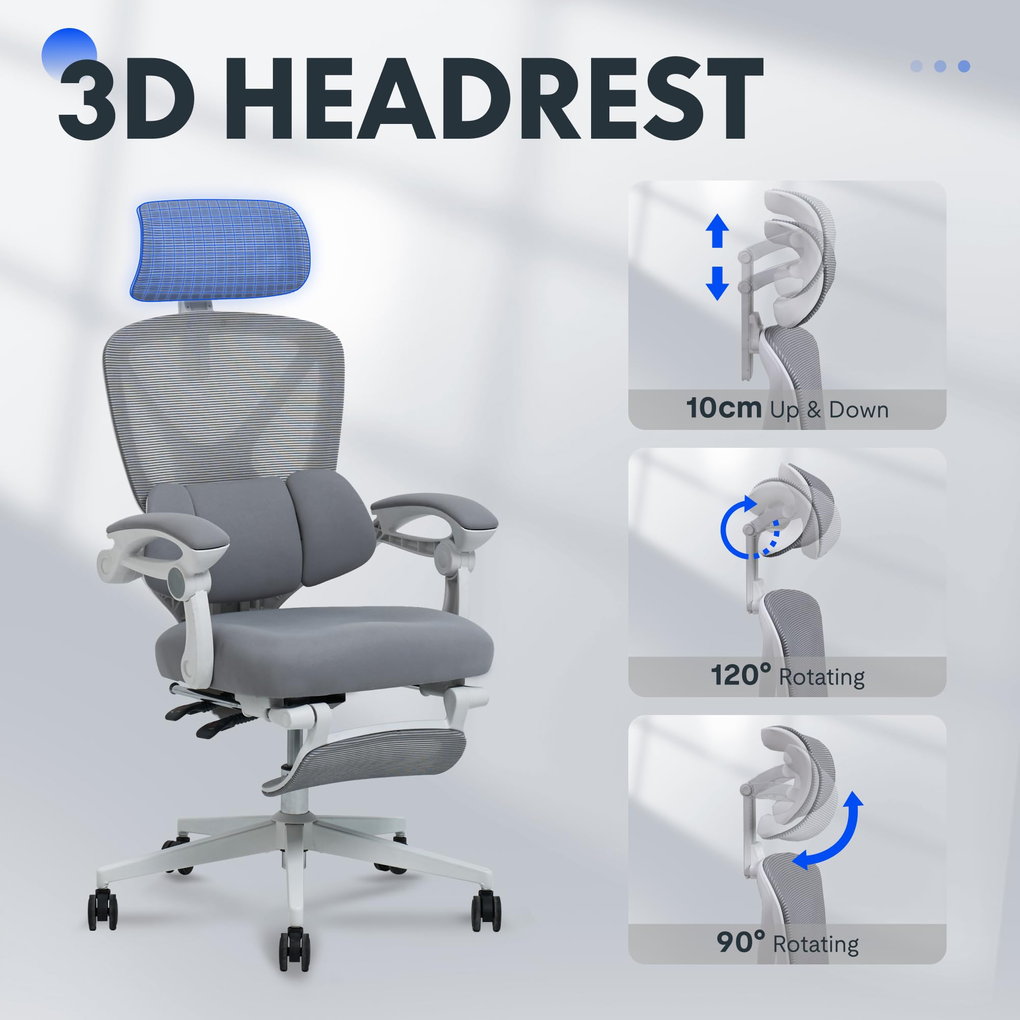 FLEXISPOT Sedia da Ufficio Ergonomica Bianco-Grigia, Sedia Girevole a Forma di X con Inclinazione a 135°, Braccioli Collegati, Supporto Lombare Regolabile, Poggiapiedi e Poggiatesta 3D