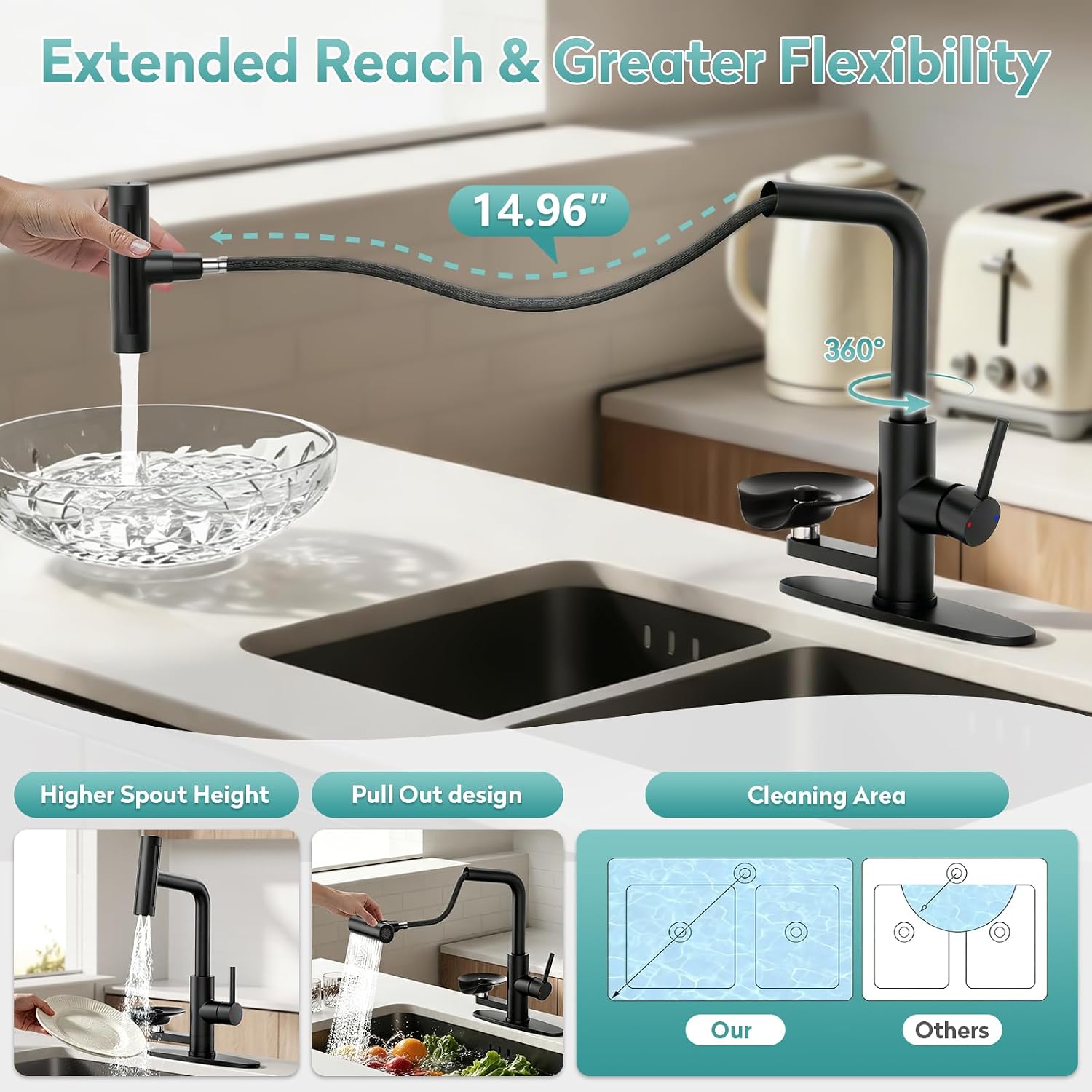 MIAOHUI Kitchen Sink Faucet with Glass Rinser, Waterfall Kitchen Faucets with Pull Down Sprayer, 4 Modes, Single Lever Bar Sink Mixer Tap with Cup Washer & Deck Plate for 1 or 3 Hole (Black)