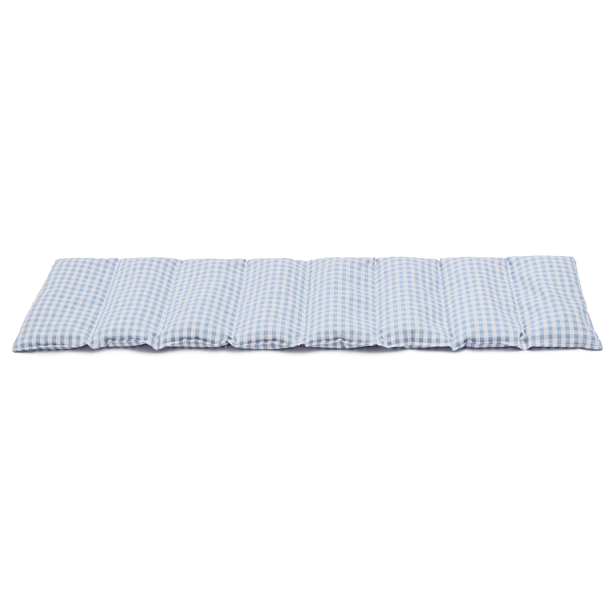 Cuscino termico - Cuscino con semi di lino, 75x20cm. Cuscino termico per la schiena, il ventre e molto altro. (Cotone Bio blu chiaro e bianco, diviso en 8 compartimenti)