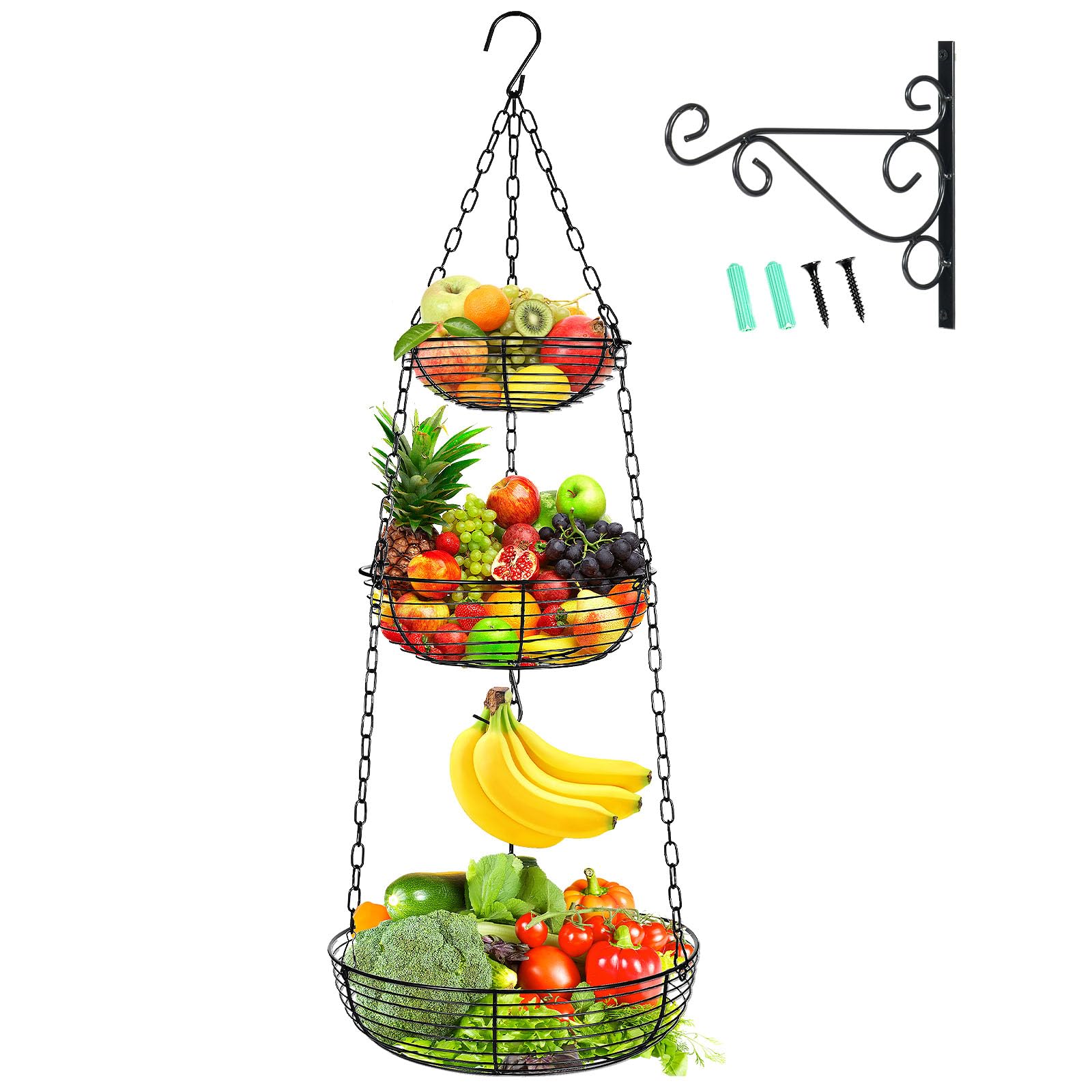 HULISEN 3 Tier Hanging Fruit Basket with Banana Hook, 36-Inch Heavy-Duty Wire Hanging Baskets for Kitchen Storage, Vegetable Produce Organizer (Including Installation Bracket)