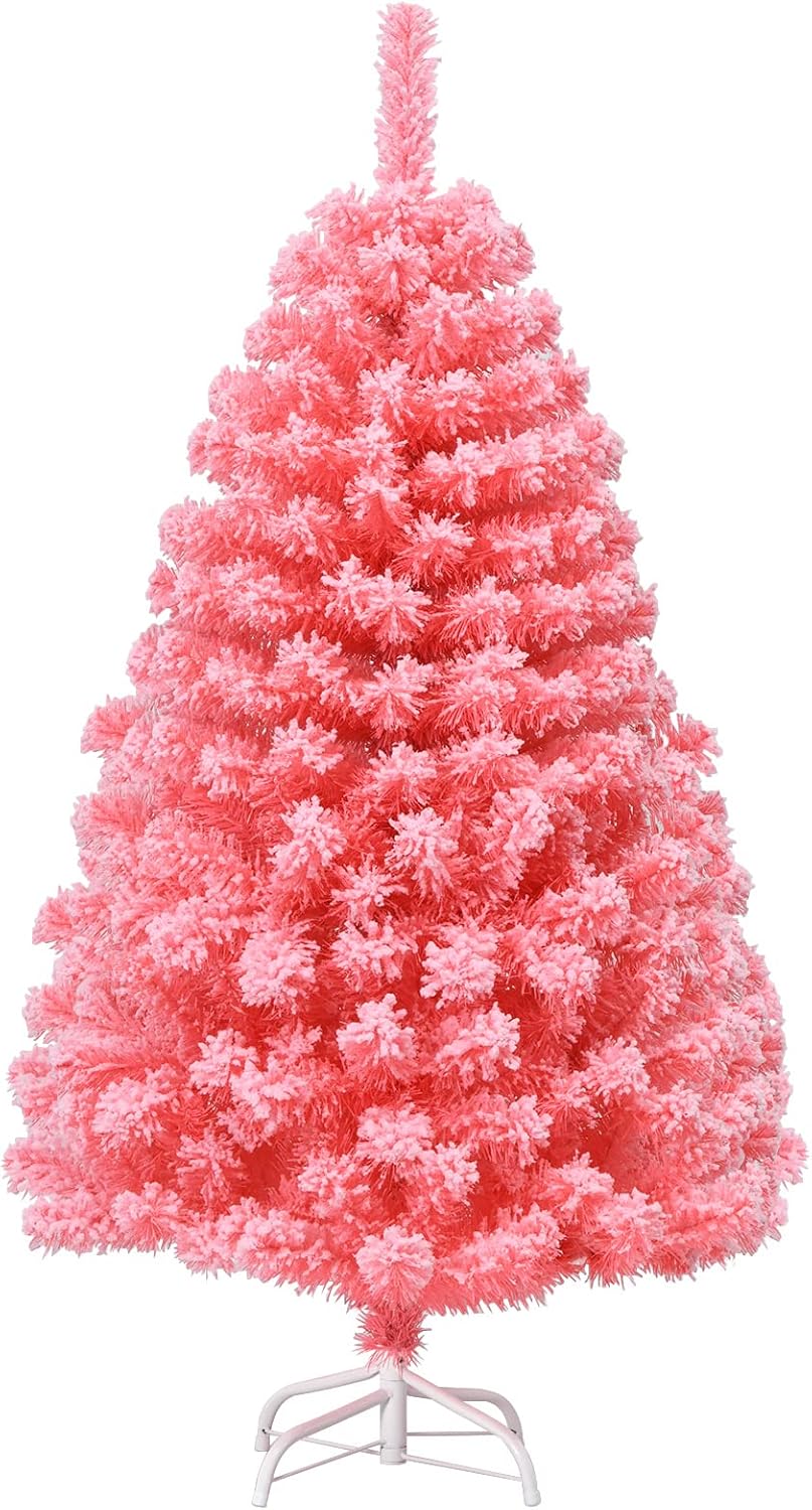 4.5 FT Pink Christmas Tree, Snow Flocked Xmas Tree w/ 348 PVC Branch Tips, Solid Metal Stand, Flexible Hinged Branches, Life-Like Pine Tree for Home, School, Office Holiday Decoration