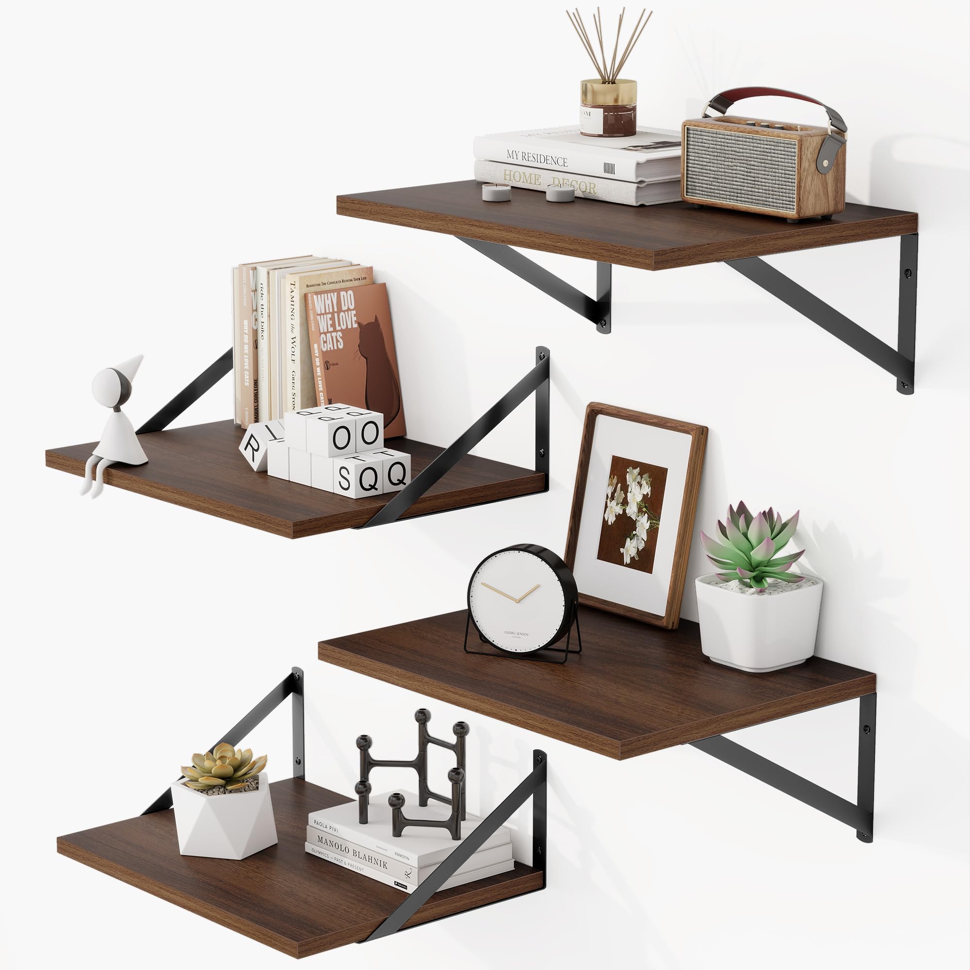 12 Inch Deep Floating Shelves for Wall, 16W x 12D Wide Floating Shelves Heavy Duty Wall Mounted Shelves, Wood Wall Shelves for Living Room Bedroom Bathroom Kitchen- Set of 4