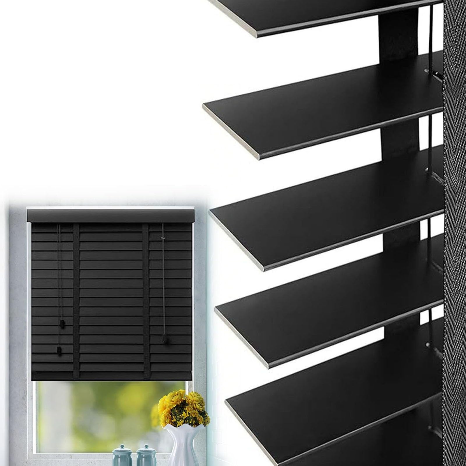 Wooden Indoor Window Blinds 50mm Slats, 30cm 40cm 50cm 60cm 90cm 100cm 120cm 140cm 150cm 160cm 180cm Privacy Horizontal Shades, Plantation Style Wooden Venetian Blind(Black)