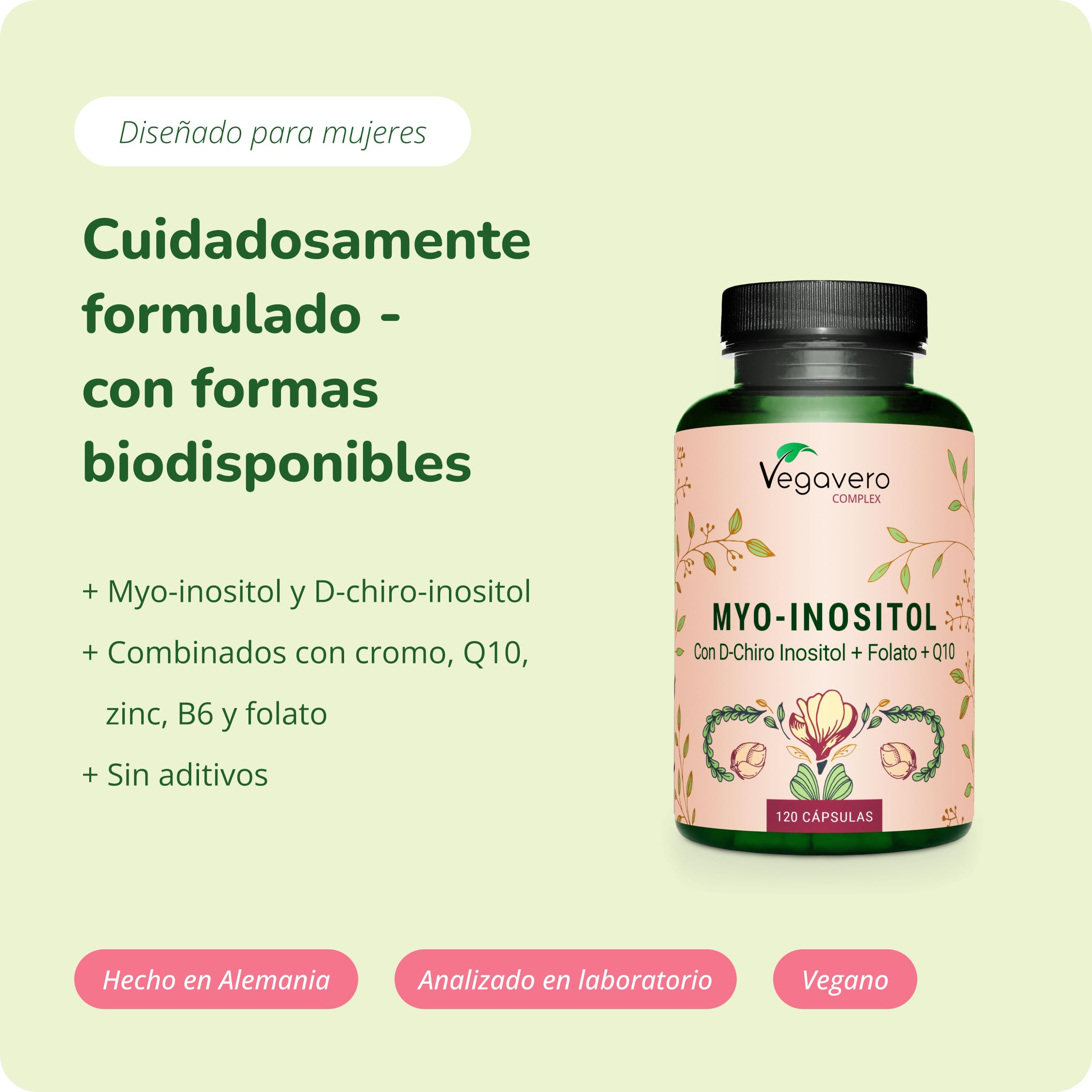 Vegavero Myo Inositol | PCOS | Con D-Chiro + 5-MTHF + Vitaminas | OVARIOS POLIQUÍSTICO | Sin Aditivos | 120 Cápsulas