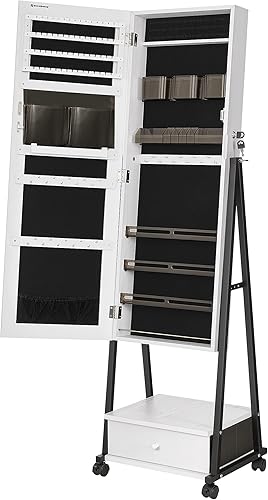 SONGMICS UJJC004W01 - Organizador de joyas con cerradura con espejo de longitud completa cajón inferior estante ruedas armario de joyería idea de