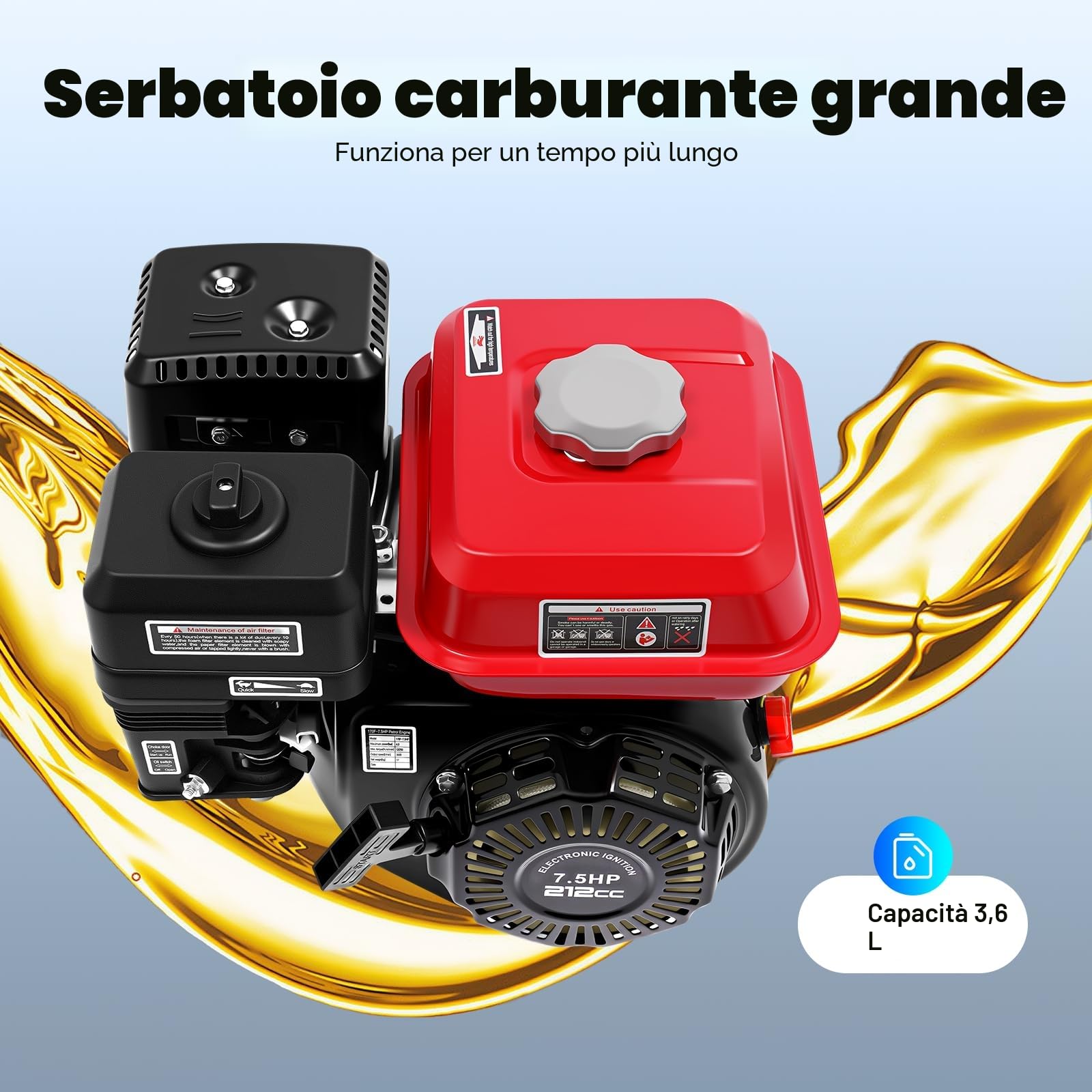 Motore a Scoppio 7,5 CV Motore a Benzina 4 Tempi 5,1 kW 3600 giri/min OHV Standmotor, Raffreddato ad Aria, Protezione da Mancanza Olio