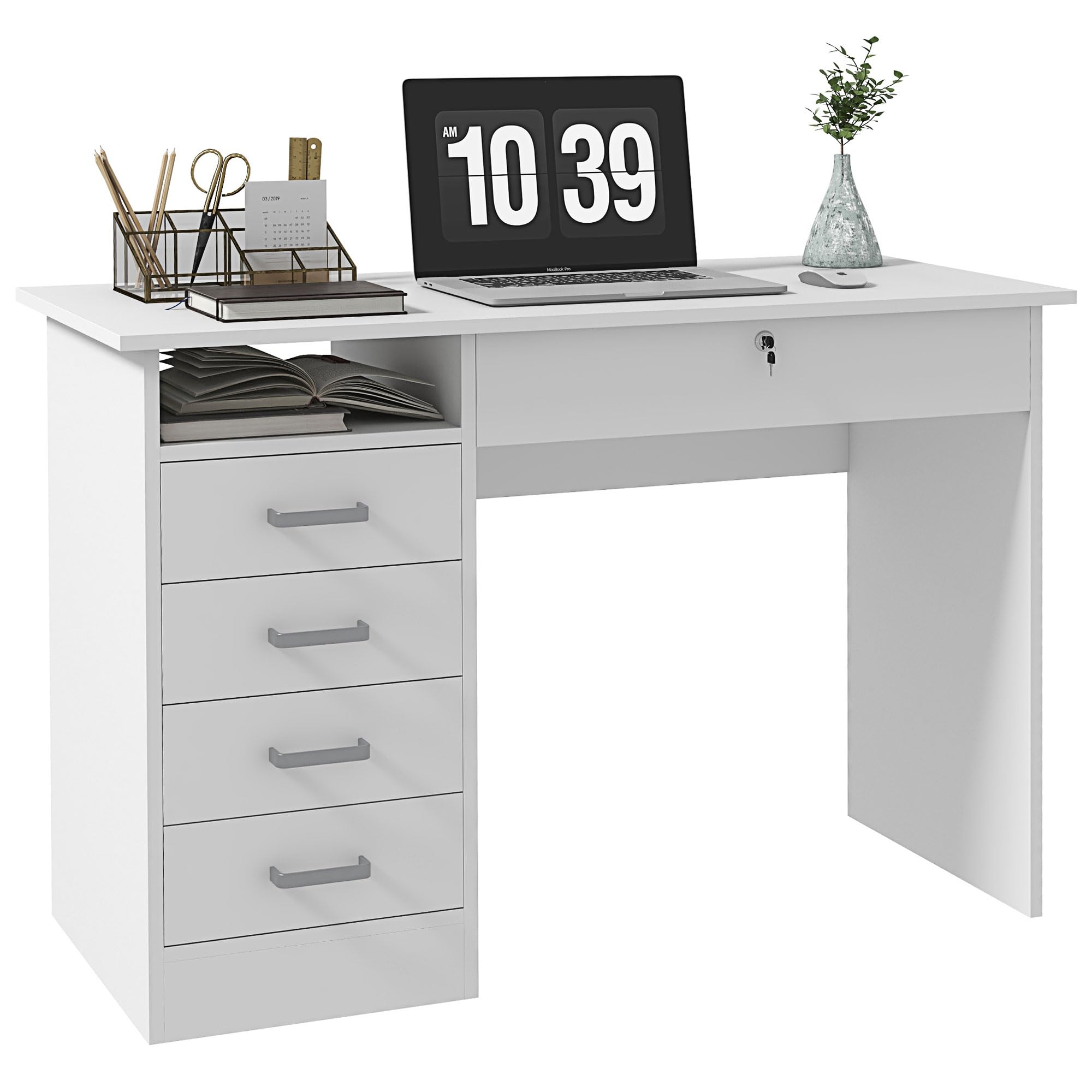 HOMCOM - Mesa de Ordenador y Estudio con Bandeja Grande, 5 Cajones, 1 Compartimento Abierto, Cajón con Cerradura, Moderno, 110 x 50 x 76 cm, Color Blanco