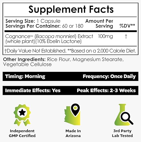 Miniatura 2 de Cognance Cápsulas de bacopa mejoradas  100 mg  10% lactona de ebelina  Bacopa monnieri  Estado de ánimo, memoria y activación 5-HT2A