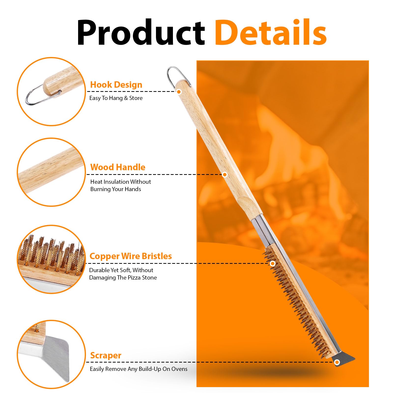 Brosse de Four à Pizza avec Grattoir, Outil de Nettoyage 53 cm, Poils en Laiton Résistants à la Chaleur et Manche en Grille Barbecue, Boispour Pierre à Pizza et Fours Extérieurs